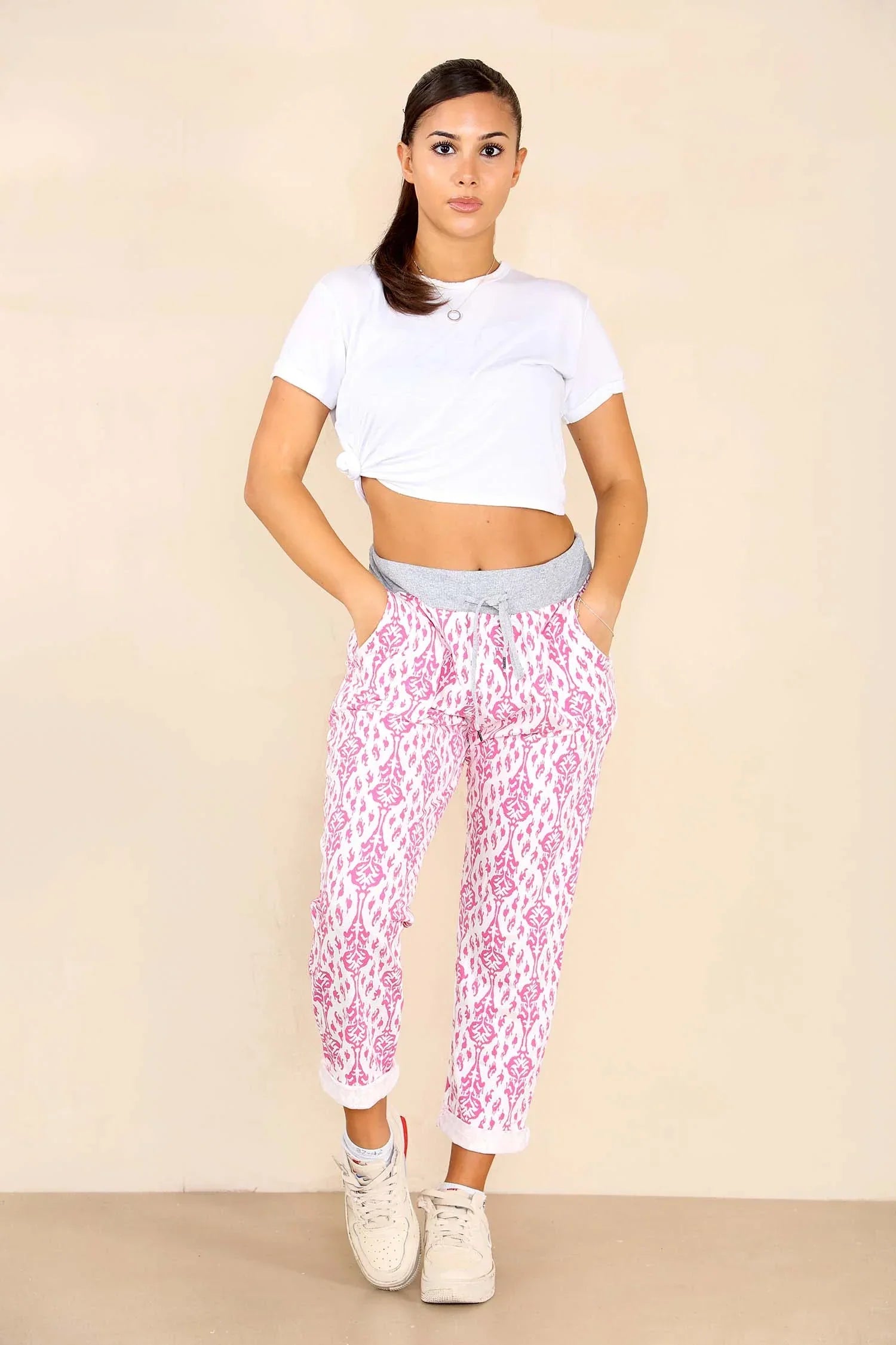 Baby Pink Italian Floral Texture Print Drawstring Cotton Joggers For Women 8 - Dropwear