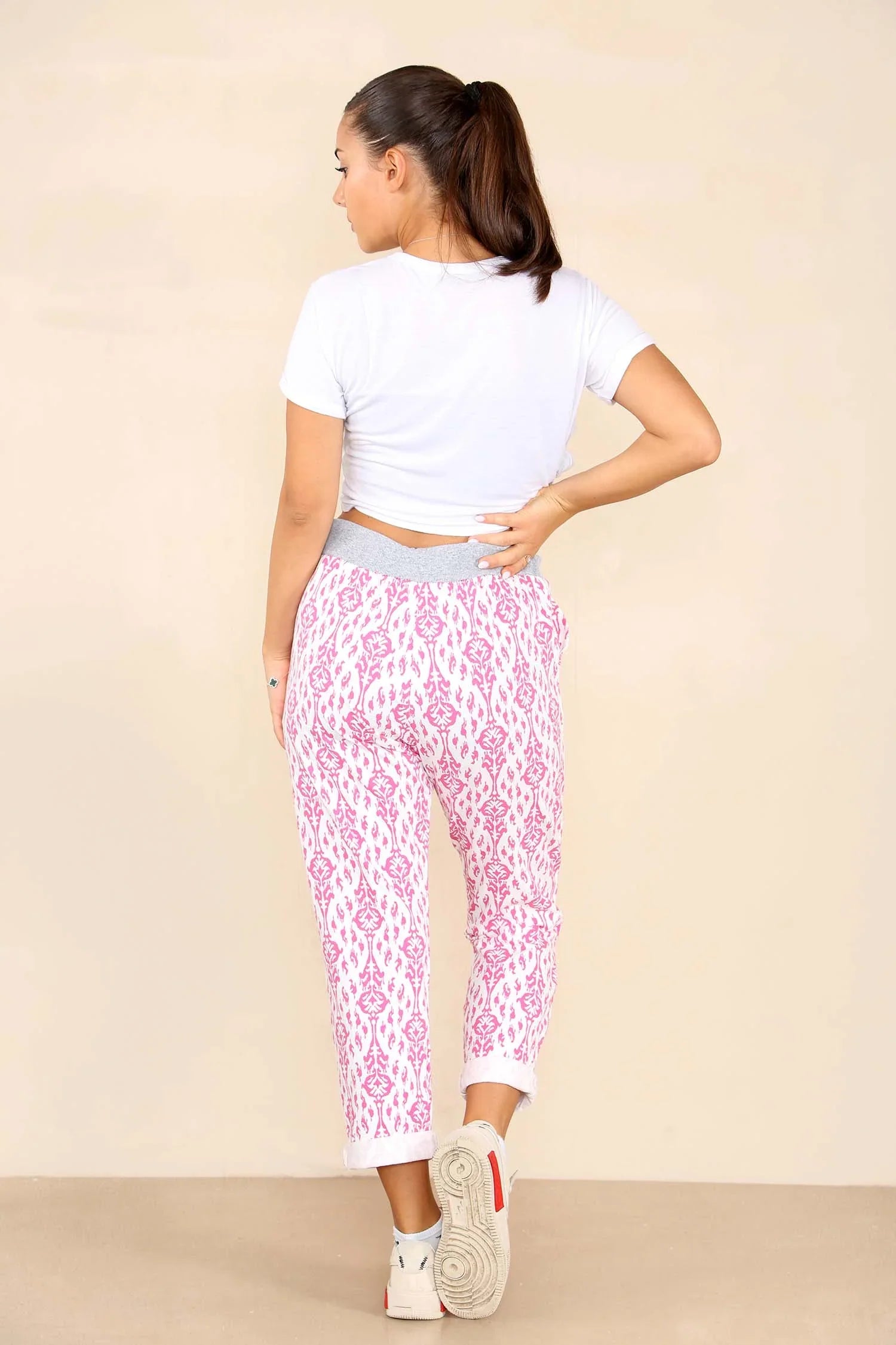 Baby Pink Plus Size Italian Floral Texture Print Drawstring Cotton Joggers For Women 18 - Dropwear