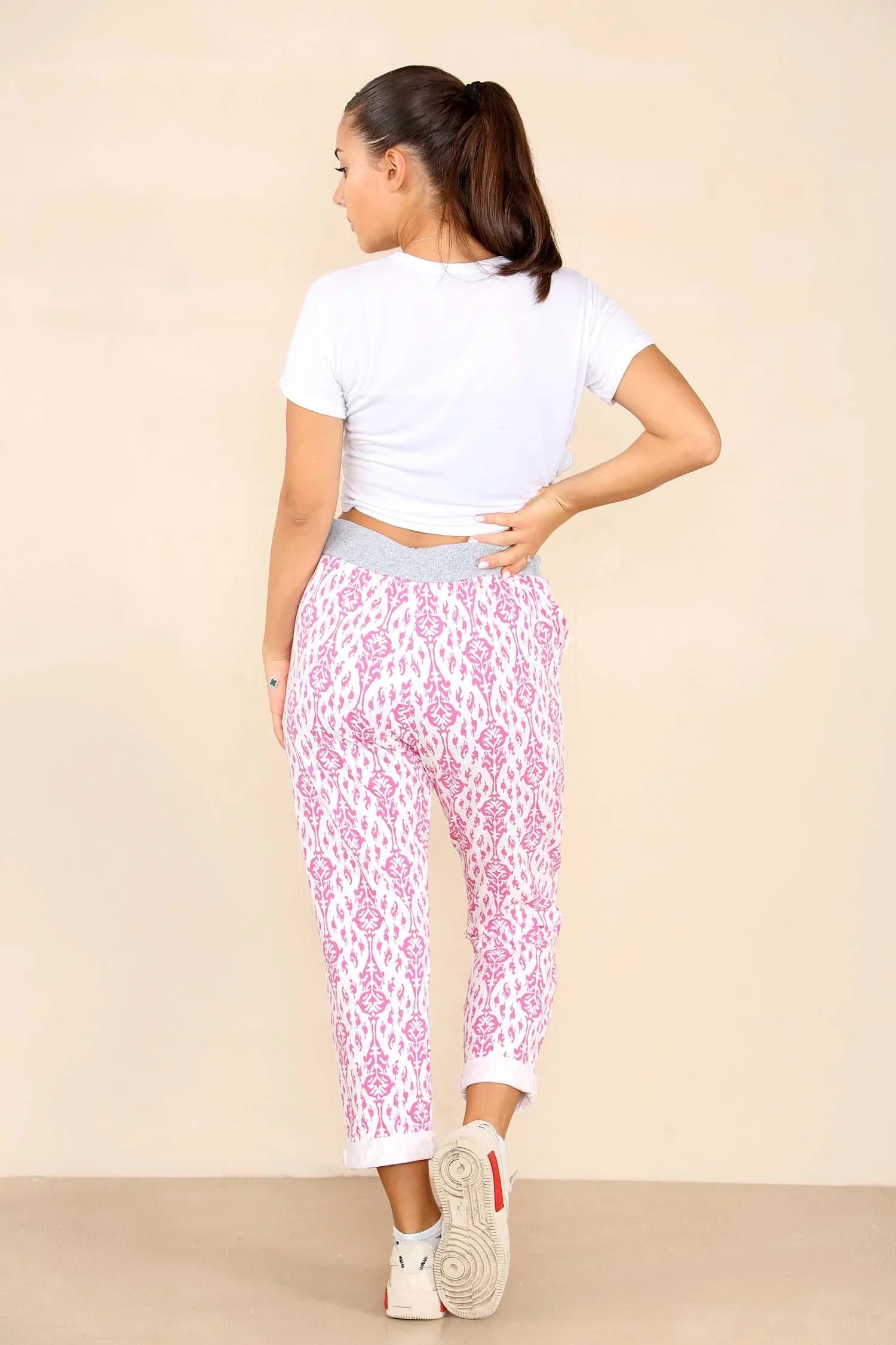 Baby Pink Italian Floral Texture Print Drawstring Cotton Joggers For Women 12 - Dropwear