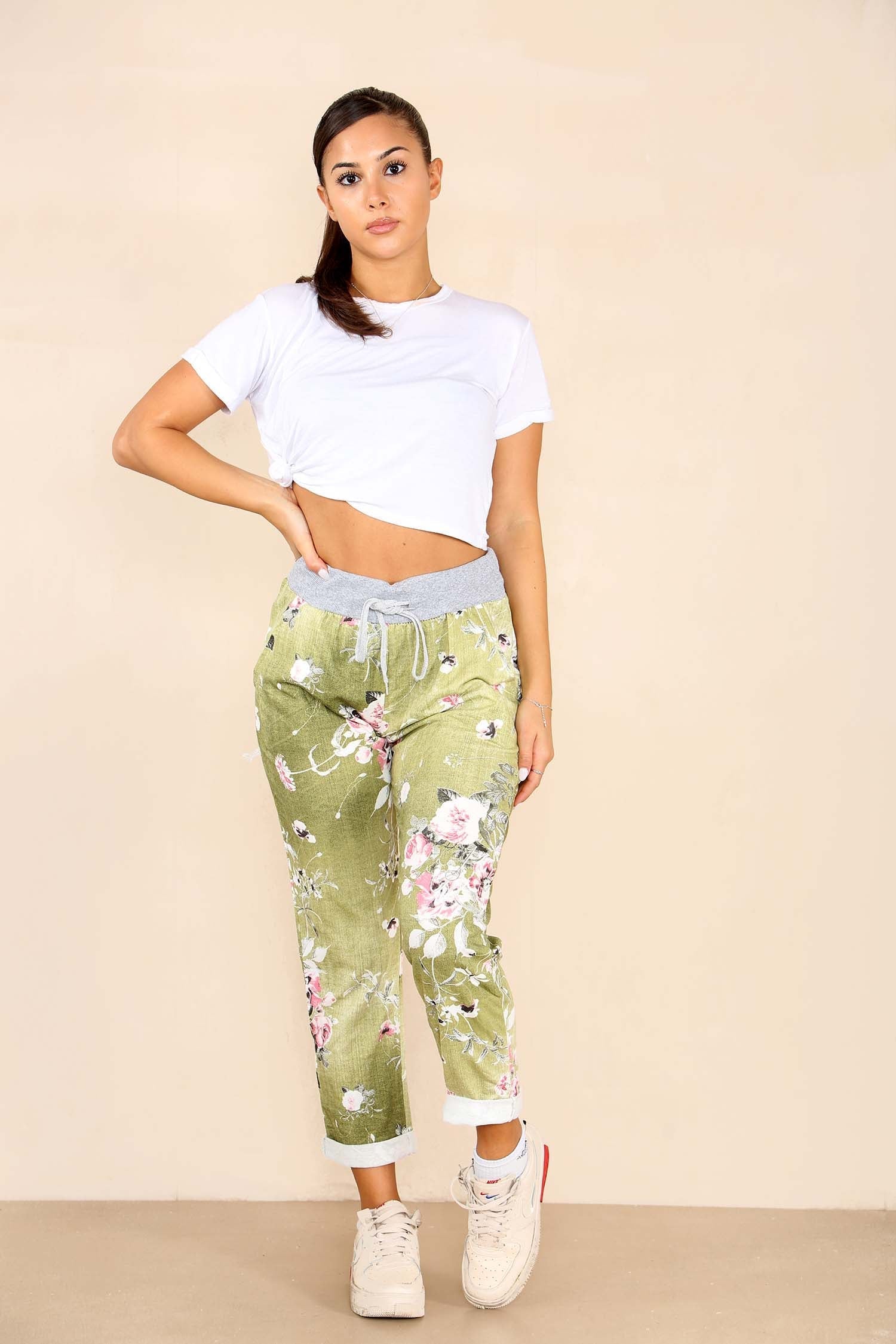 Light Blue Plus Size Italian Floral Print Drawstring Baby Pink Cotton Joggers For Women 22 - Dropwear