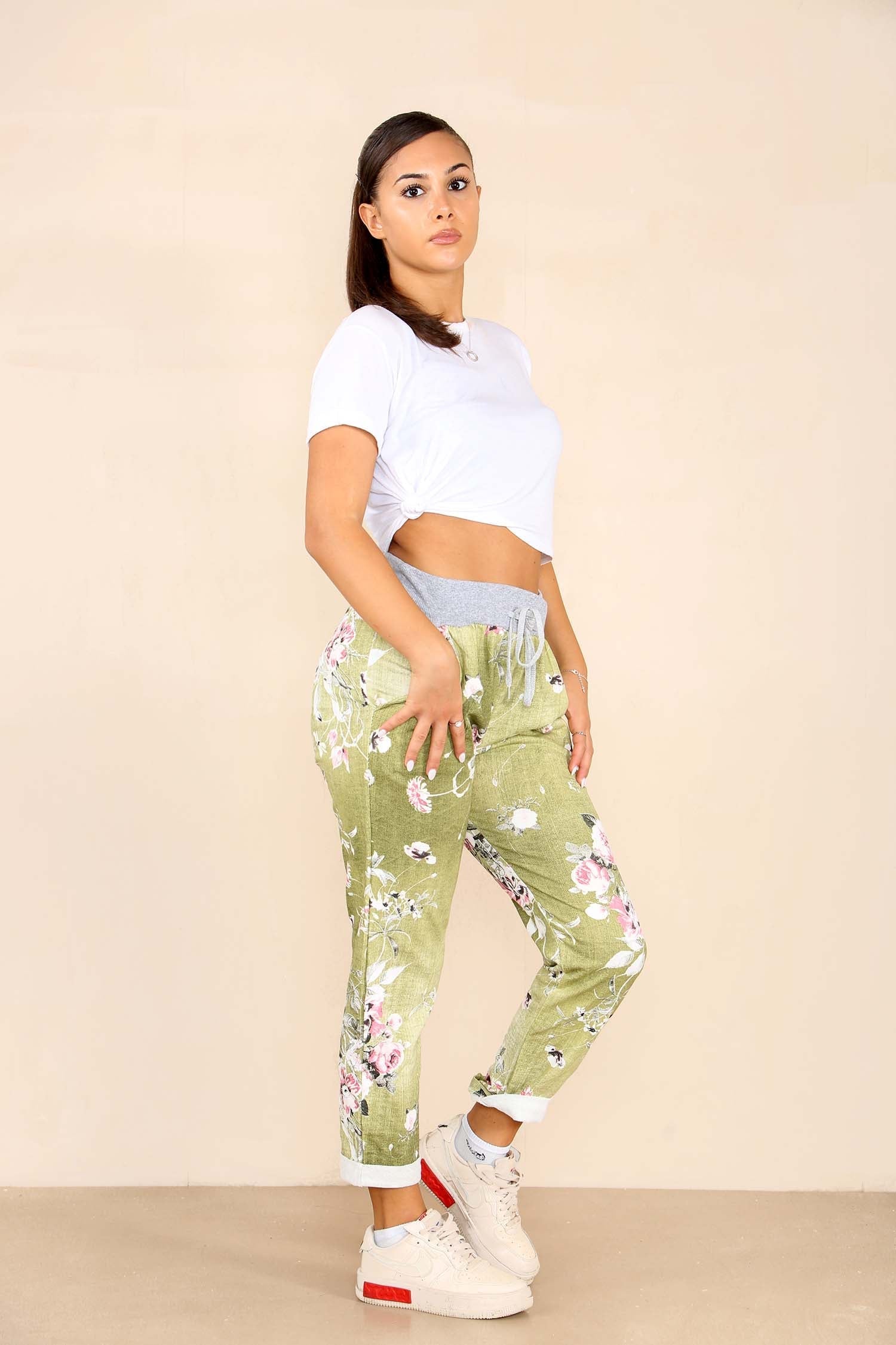 Pista Plus Sise Italian Floral Print Drawstring Cotton Joggers For Women 22 - Dropwear