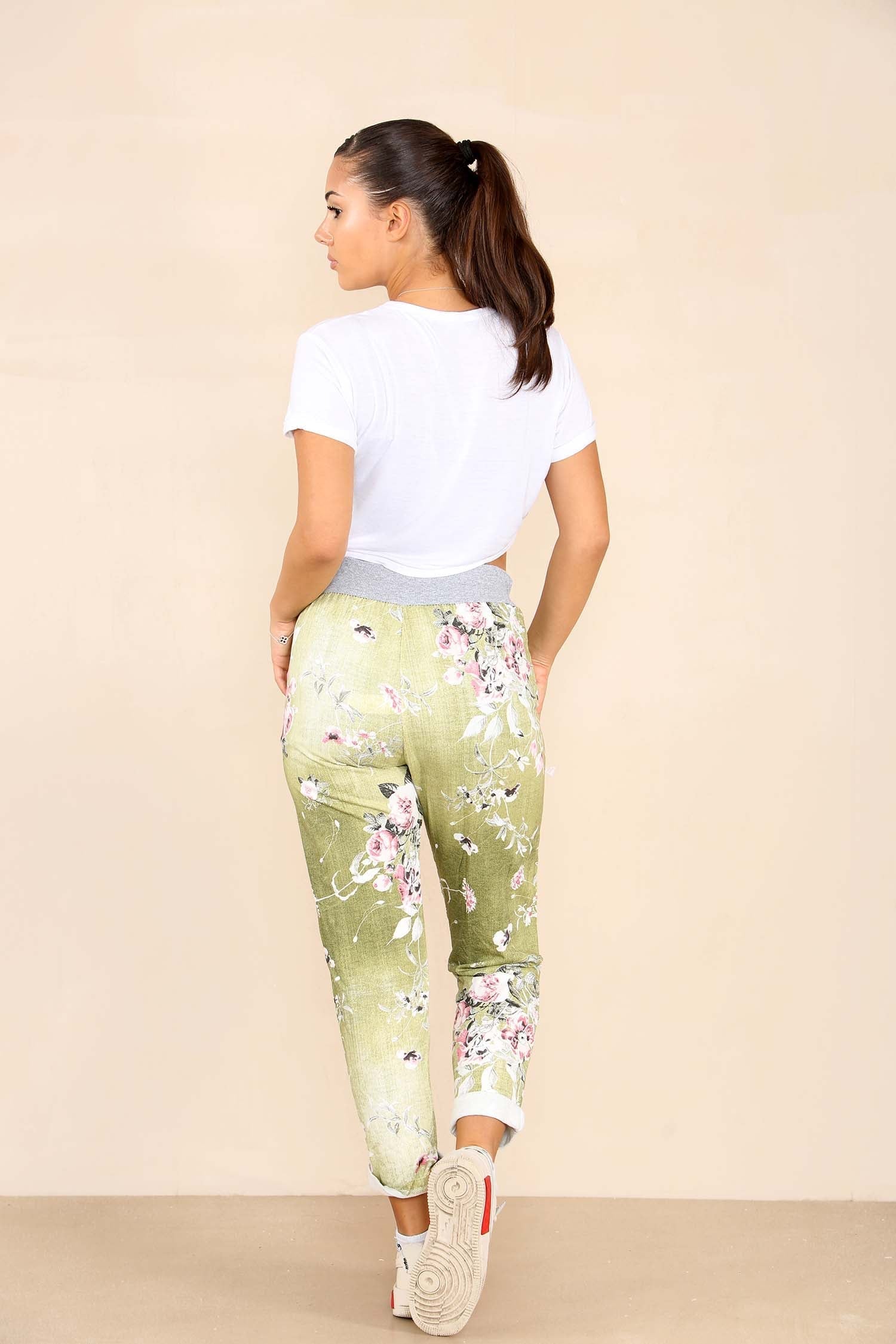 Lime Green Plus Sise Italian Floral Print Drawstring Cotton Joggers For Women 20 - Dropwear