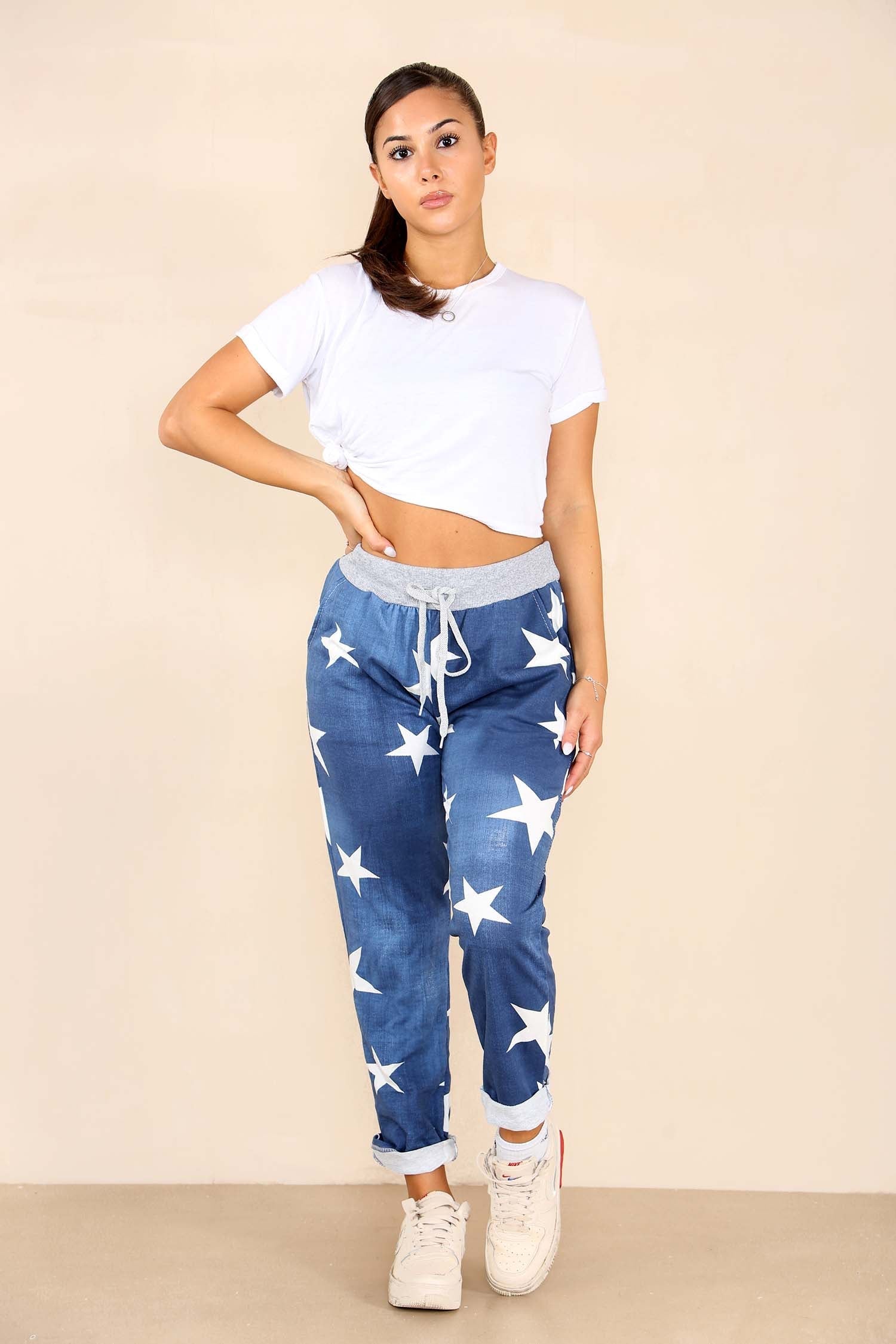 Dark Denim Plus Size Italian Star Print Drawstring Cotton Joggers For Women 16 - Dropwear