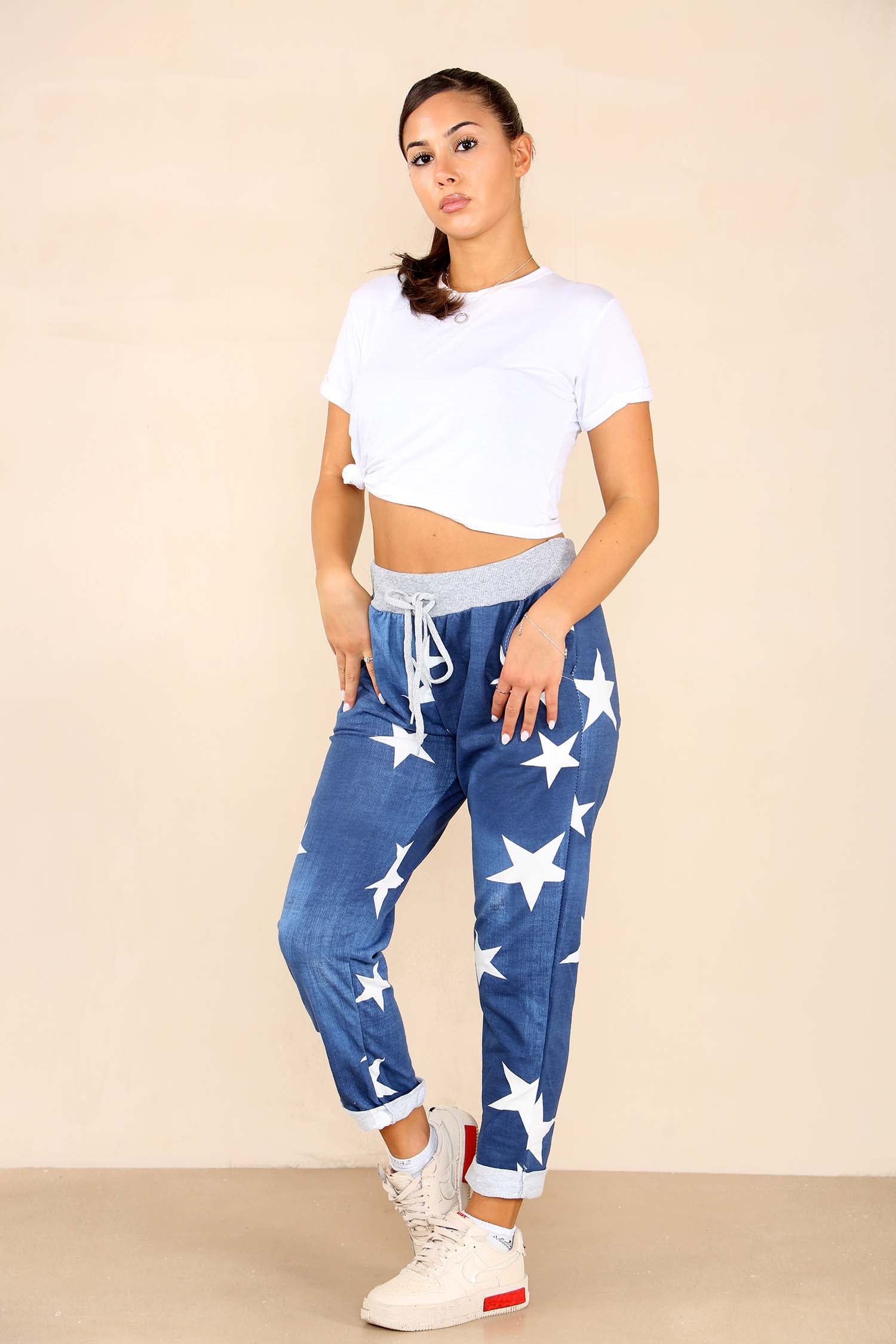 Dark Denim Plus Size Italian Star Print Drawstring Cotton Joggers For Women 18 - Dropwear
