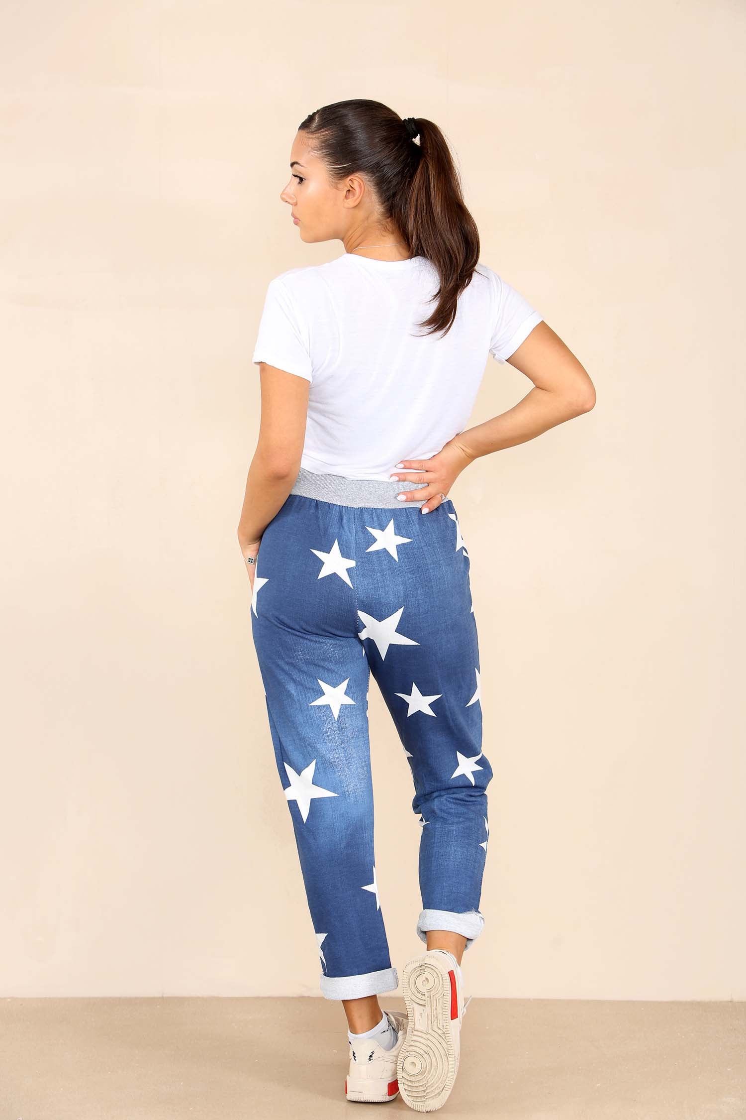 Dark Denim Plus Size Italian Star Print Drawstring Cotton Joggers For Women 22 - Dropwear
