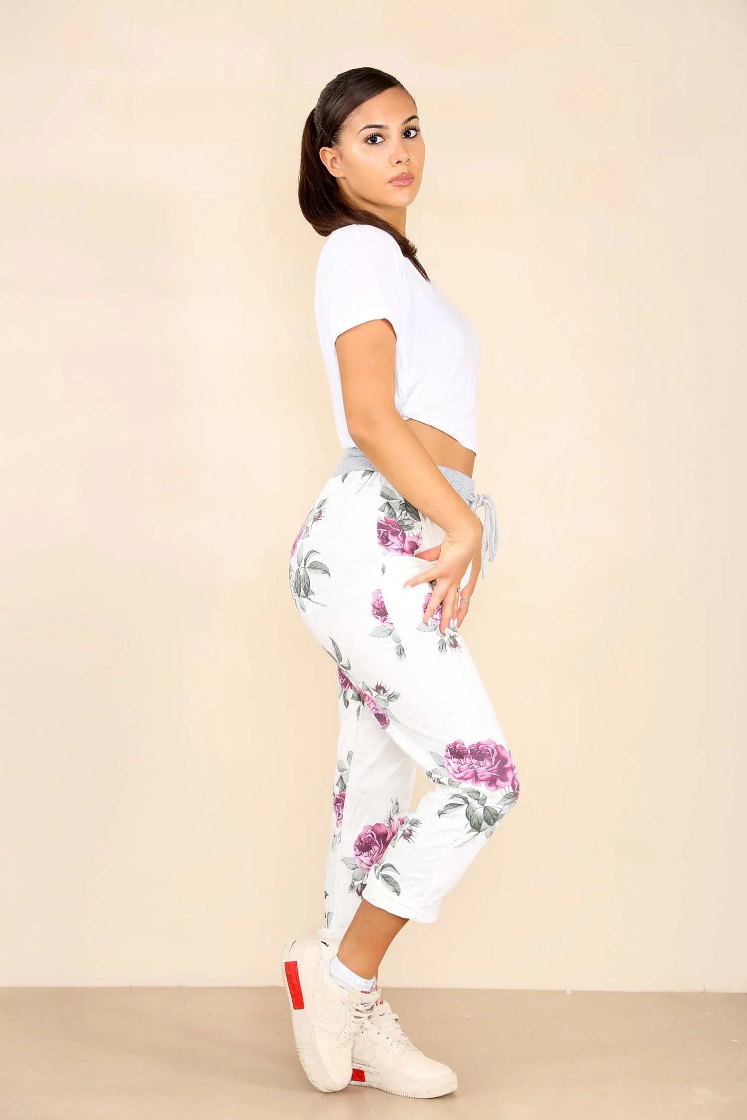 Plus Size Italian Floral Print Drawstring Cotton Joggers - Pink & Blue For Women  - Dropwear