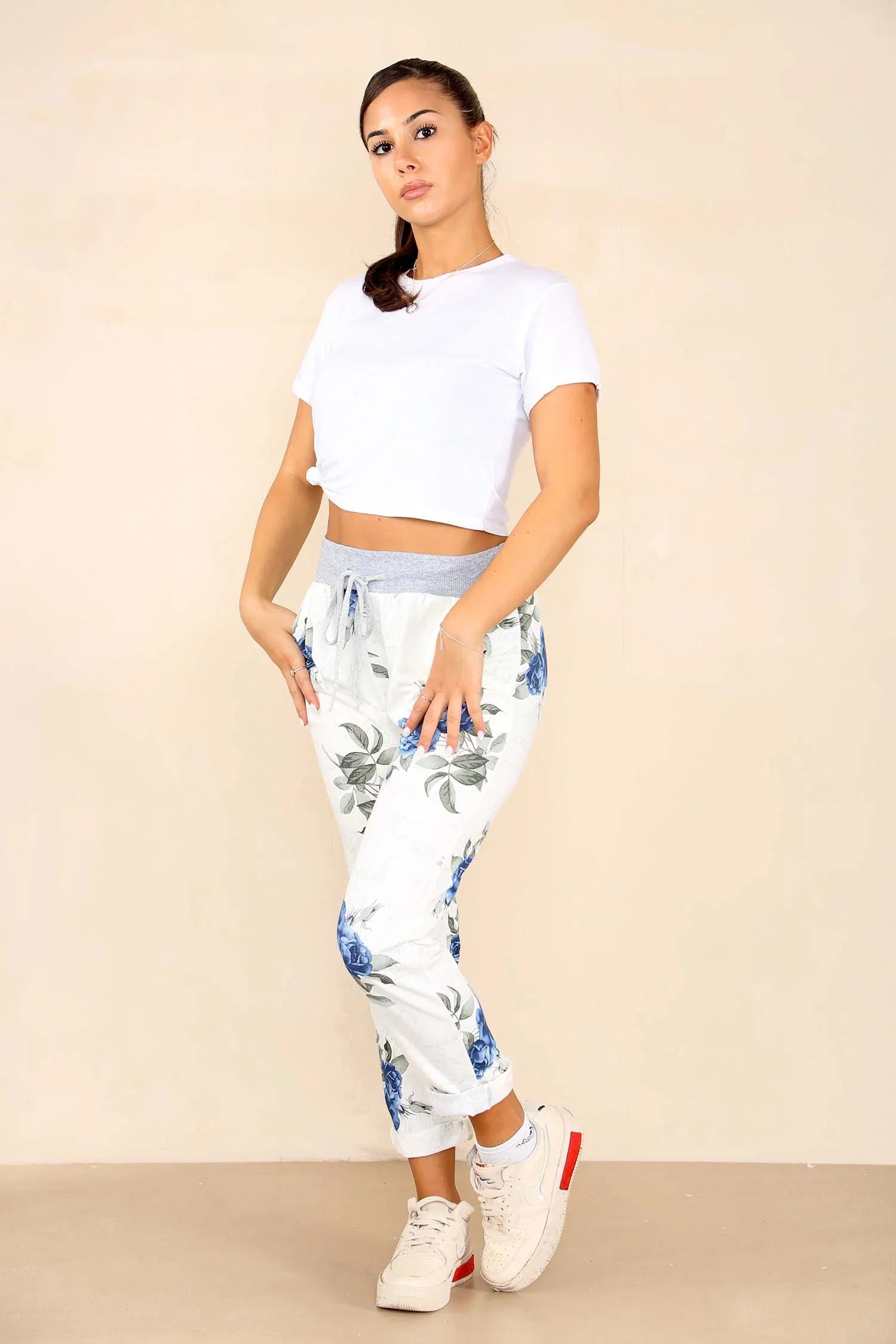 Plus Size Italian Floral Print Drawstring Cotton Joggers - Pink & Blue For Women  - Dropwear