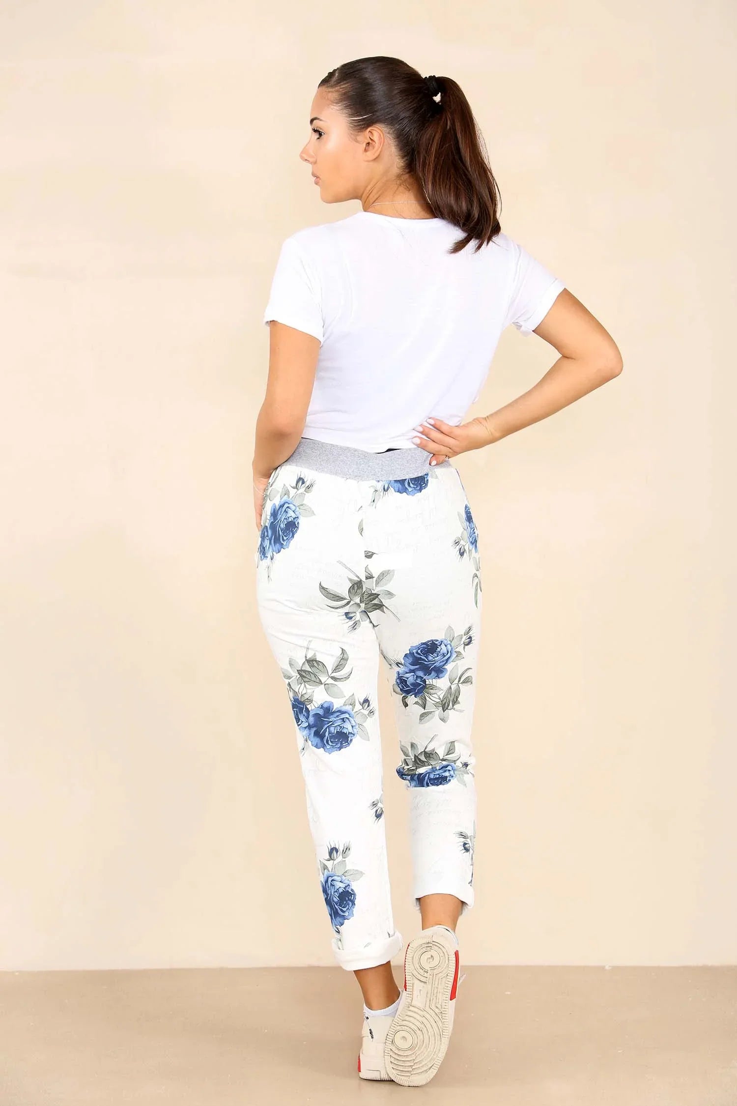 Plus Size Italian Floral Print Drawstring Cotton Joggers - Pink & Blue For Women  - Dropwear