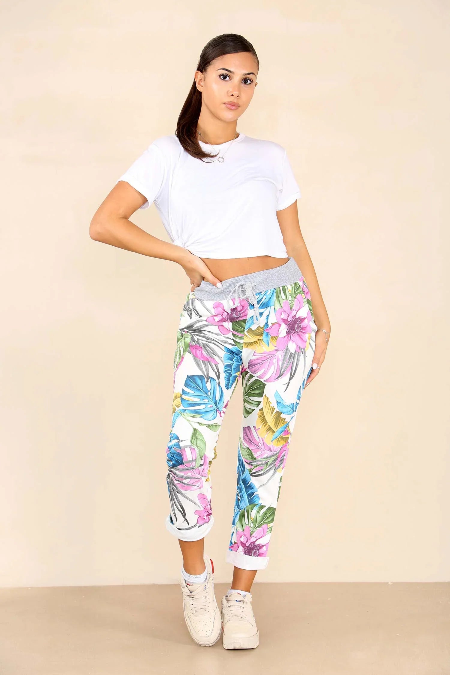 Multy Italian Floral Print Drawstring Cotton Joggers - Multi Color For Women 8 - Dropwear