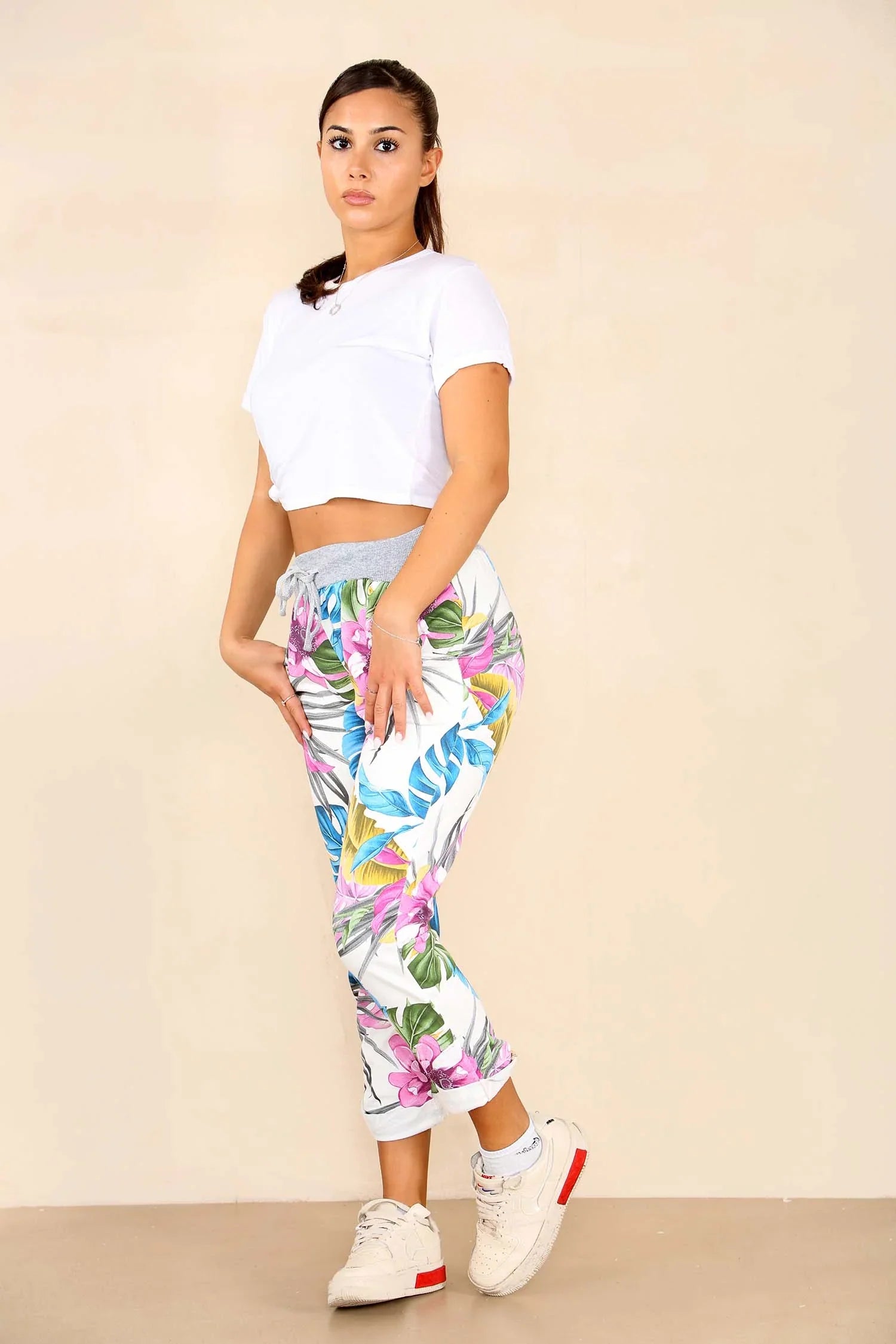 Multy Italian Floral Print Drawstring Cotton Joggers - Multi Color For Women 14 - Dropwear