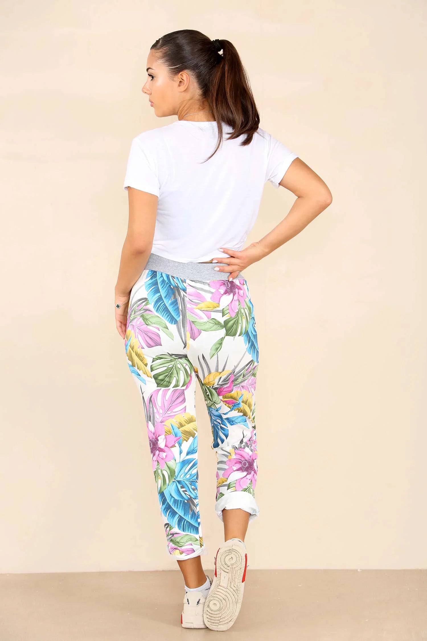 Italian Floral Print Drawstring Cotton Joggers - Multi Color For Women  - Dropwear