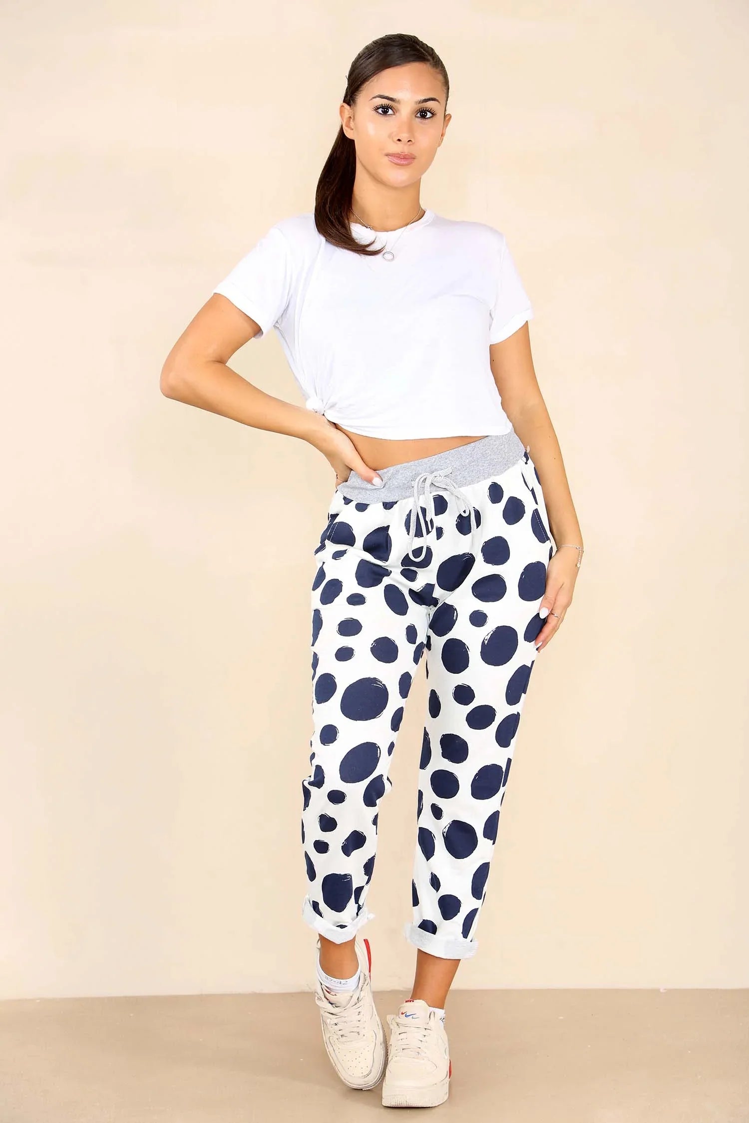 White Plus Size Italian Dotted Print Drawstring Cotton Joggers For Women 22 - Dropwear