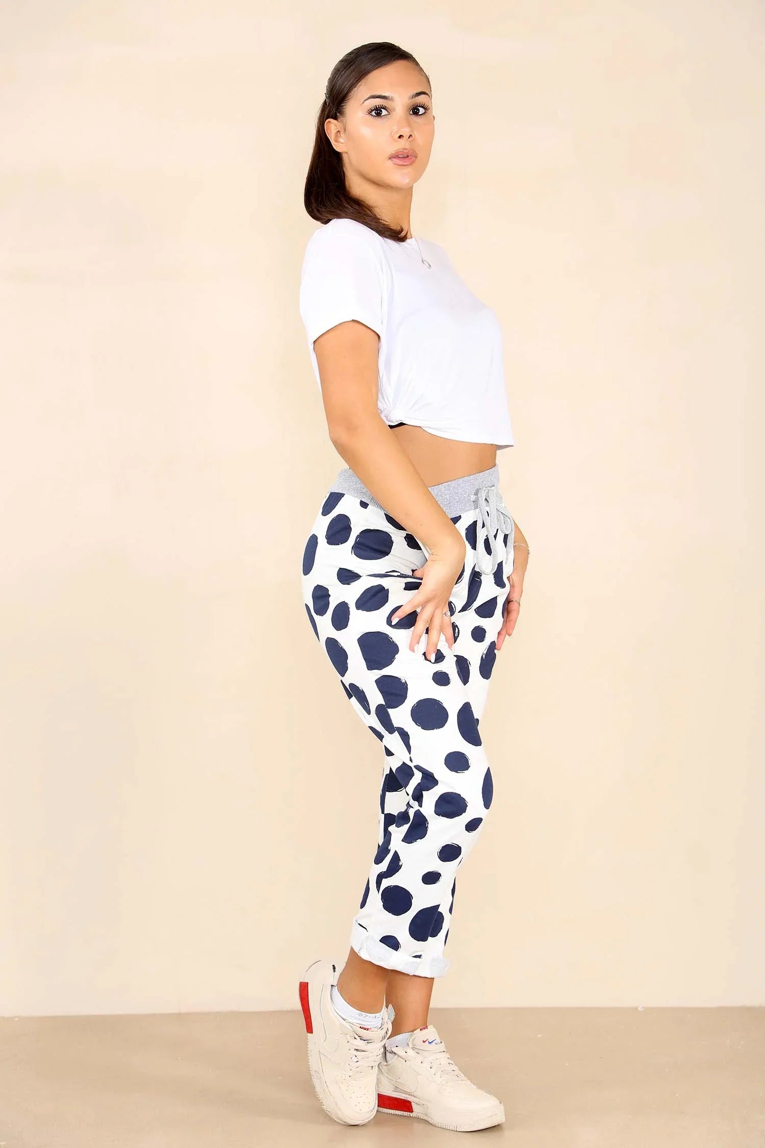 White Plus Size Italian Dotted Print Drawstring Cotton Joggers For Women 20 - Dropwear