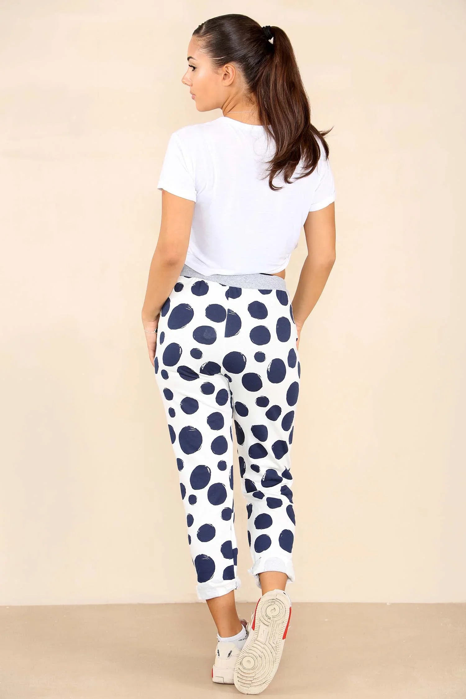 White Plus Size Italian Dotted Print Drawstring Cotton Joggers For Women 16 - Dropwear