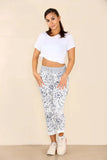 White Plus Size Italian Flower Bale Print Drawstring Cotton Joggers For Women 18 - Dropwear