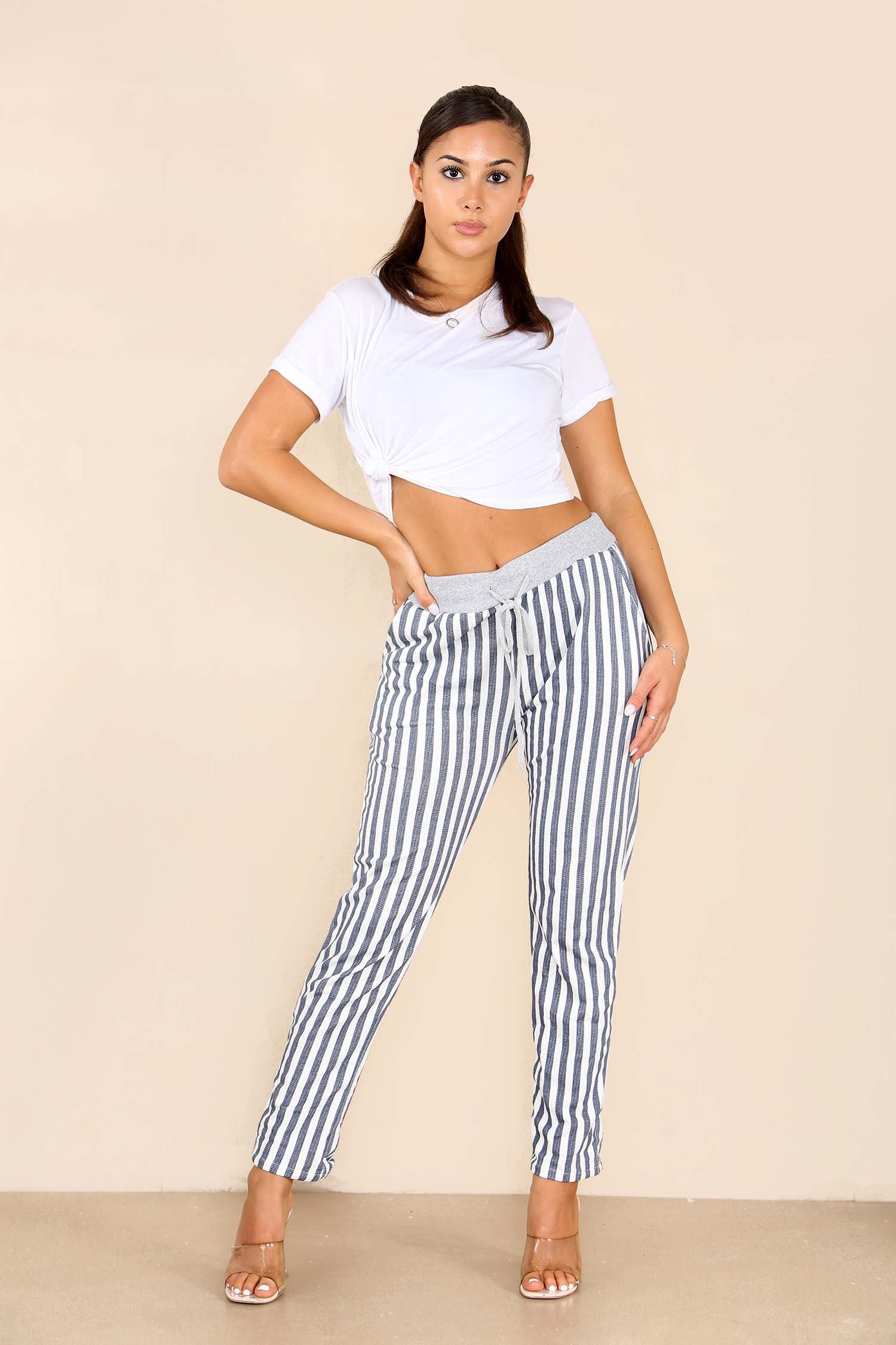 Grey Plus Size Italian Stripe Print Drawstring Cotton Joggers For Women 16 - Dropwear