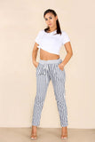 Grey Plus Size Italian Stripe Print Drawstring Cotton Joggers For Women 18 - Dropwear