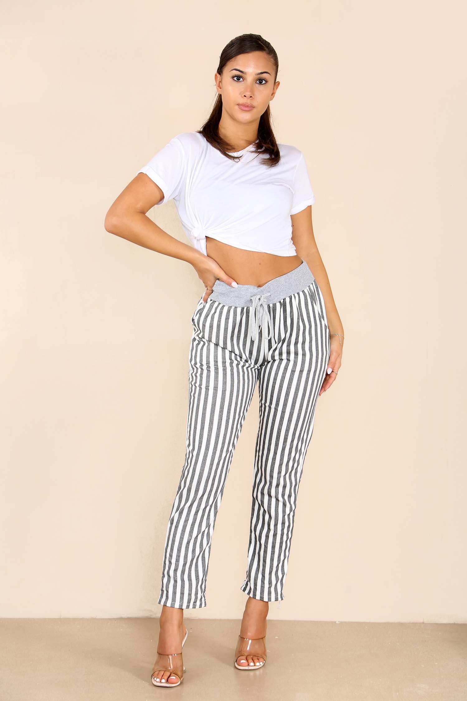 Plus Size Italian Stripe Print Drawstring Cotton Joggers For Women  - Dropwear