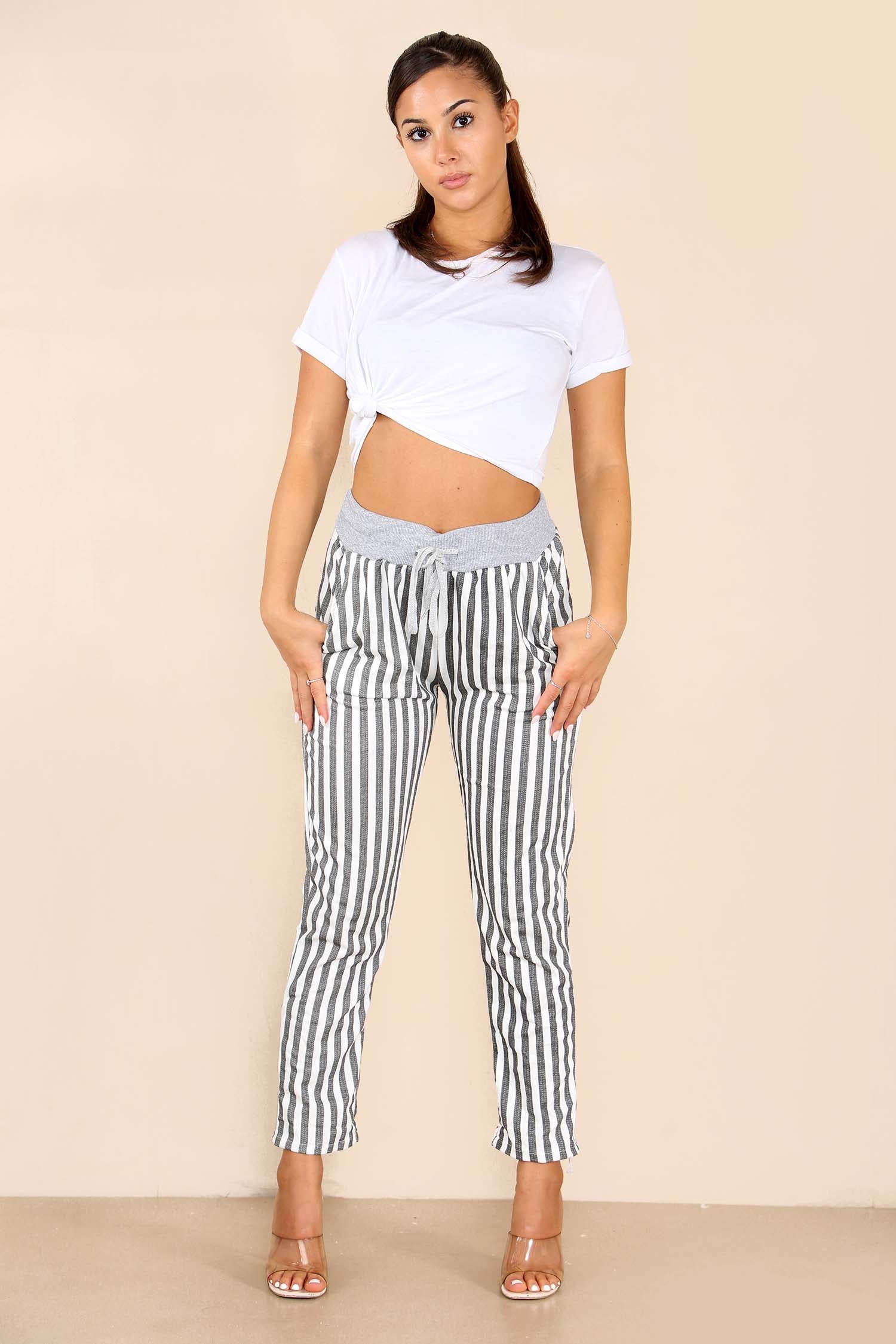 Plus Size Italian Stripe Print Drawstring Cotton Joggers For Women  - Dropwear