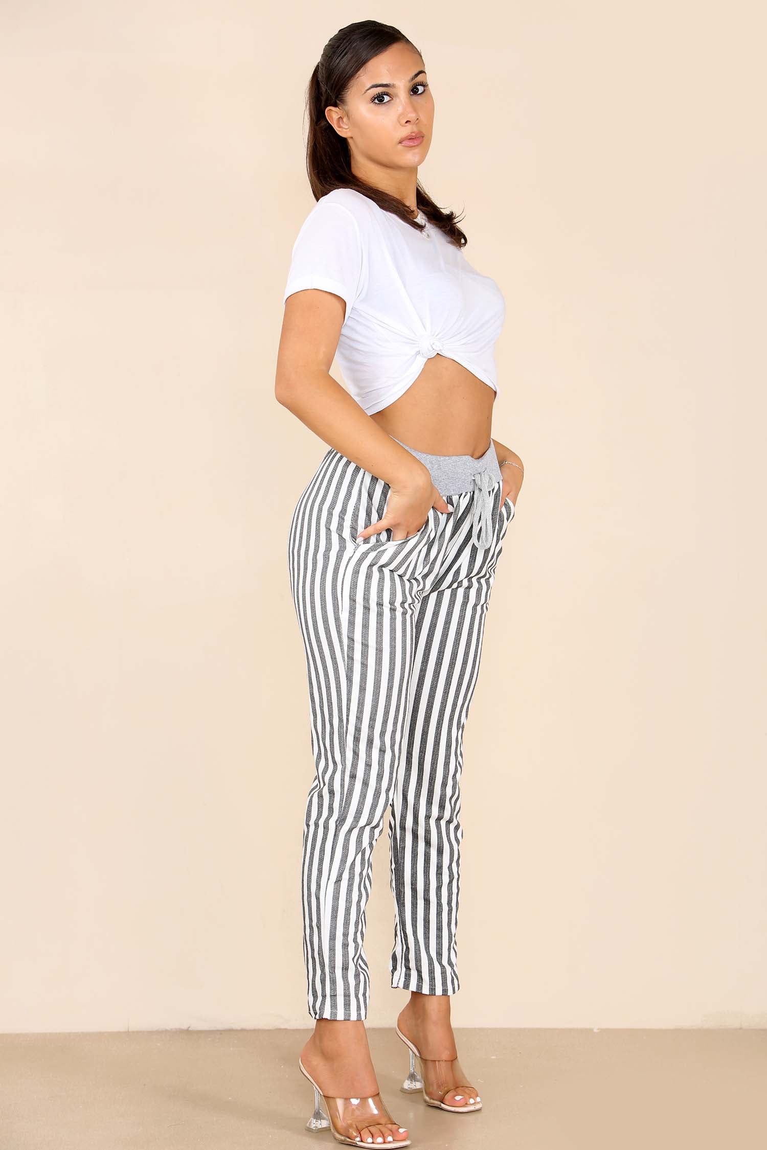 Plus Size Italian Stripe Print Drawstring Cotton Joggers For Women  - Dropwear