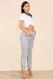 Plus Size Italian Stripe Print Drawstring Cotton Joggers For Women  - Dropwear