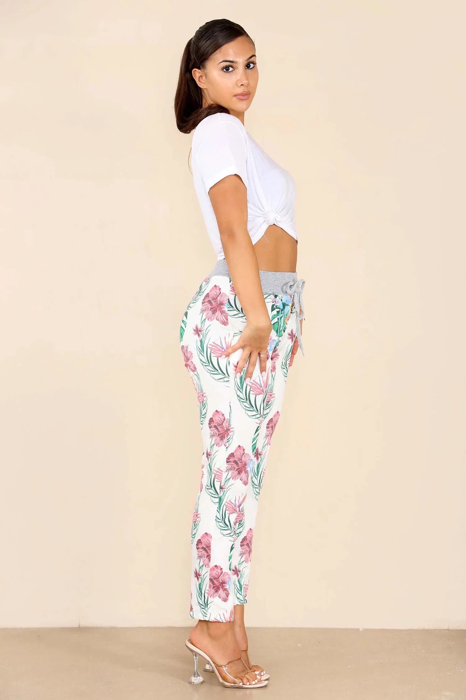White Italian Tropical Print Drawstring Cotton Joggers For Women 10 - Dropwear