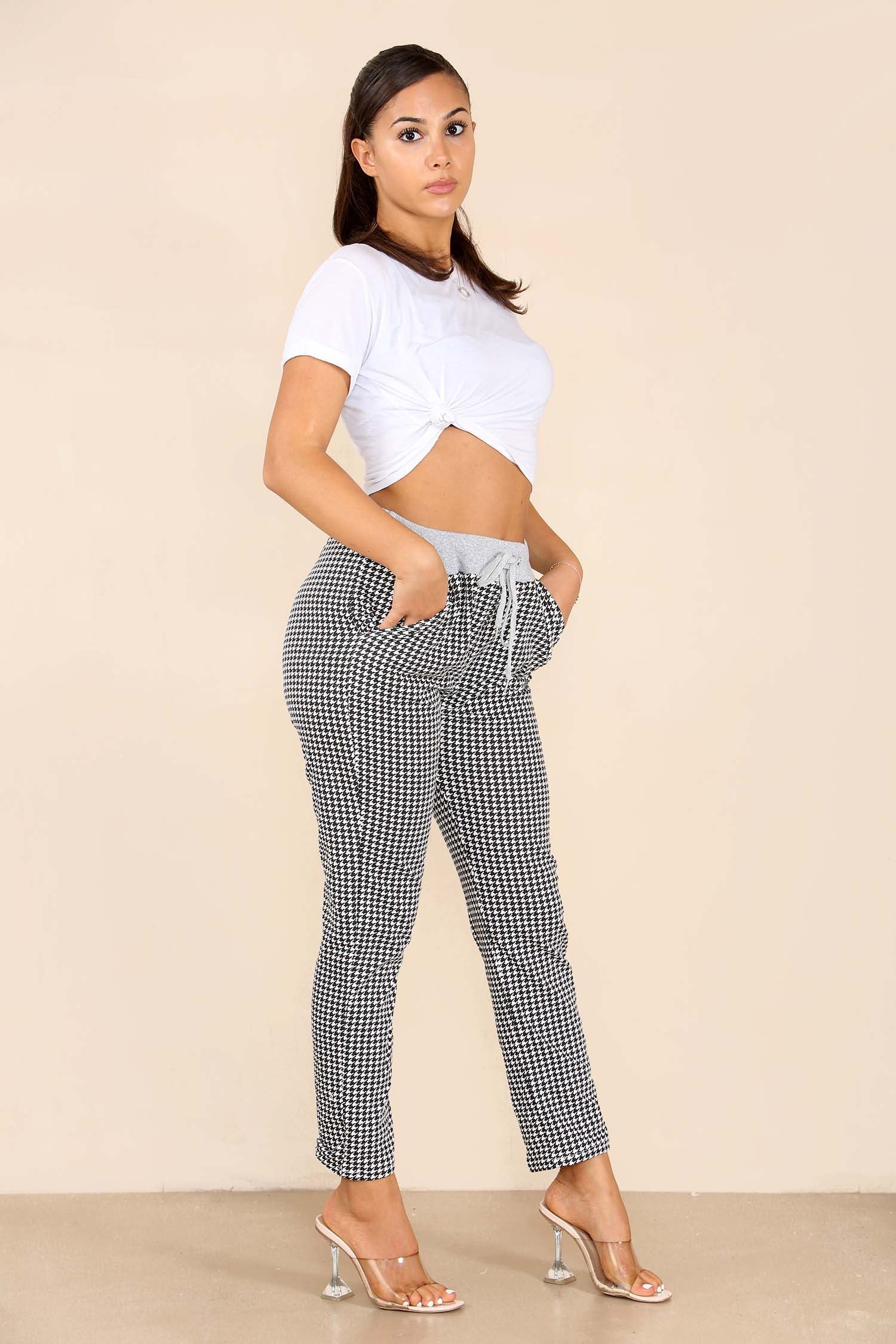 Dogtooth Black Plus Size Italian Dogtooth Print Drawstring Cotton Joggers For Women 18 - Dropwear