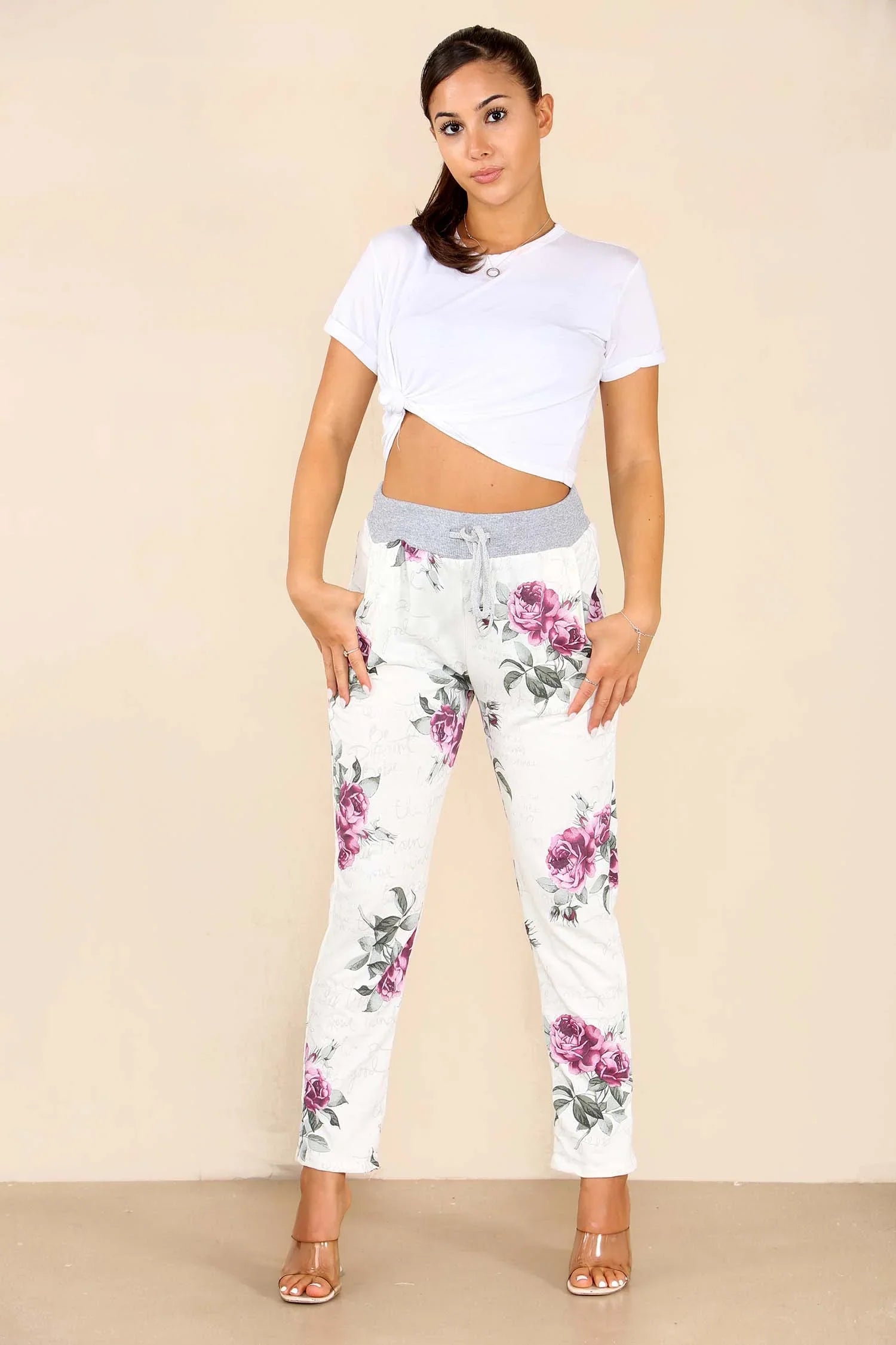 Pink Plus Size Italian Floral Print Drawstring Cotton Joggers - Pink & Blue For Women 20 - Dropwear