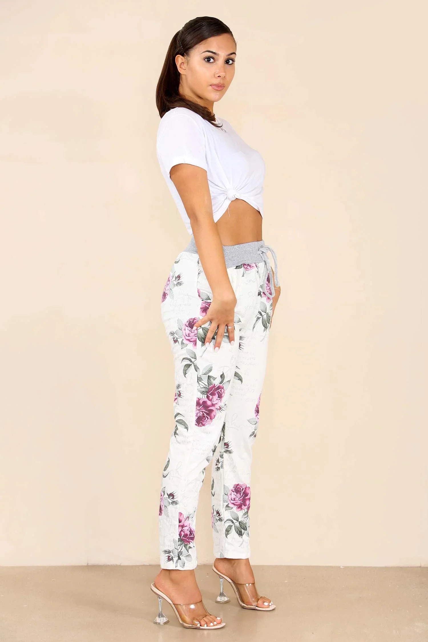 Pink Plus Size Italian Floral Print Drawstring Cotton Joggers - Pink & Blue For Women 16 - Dropwear