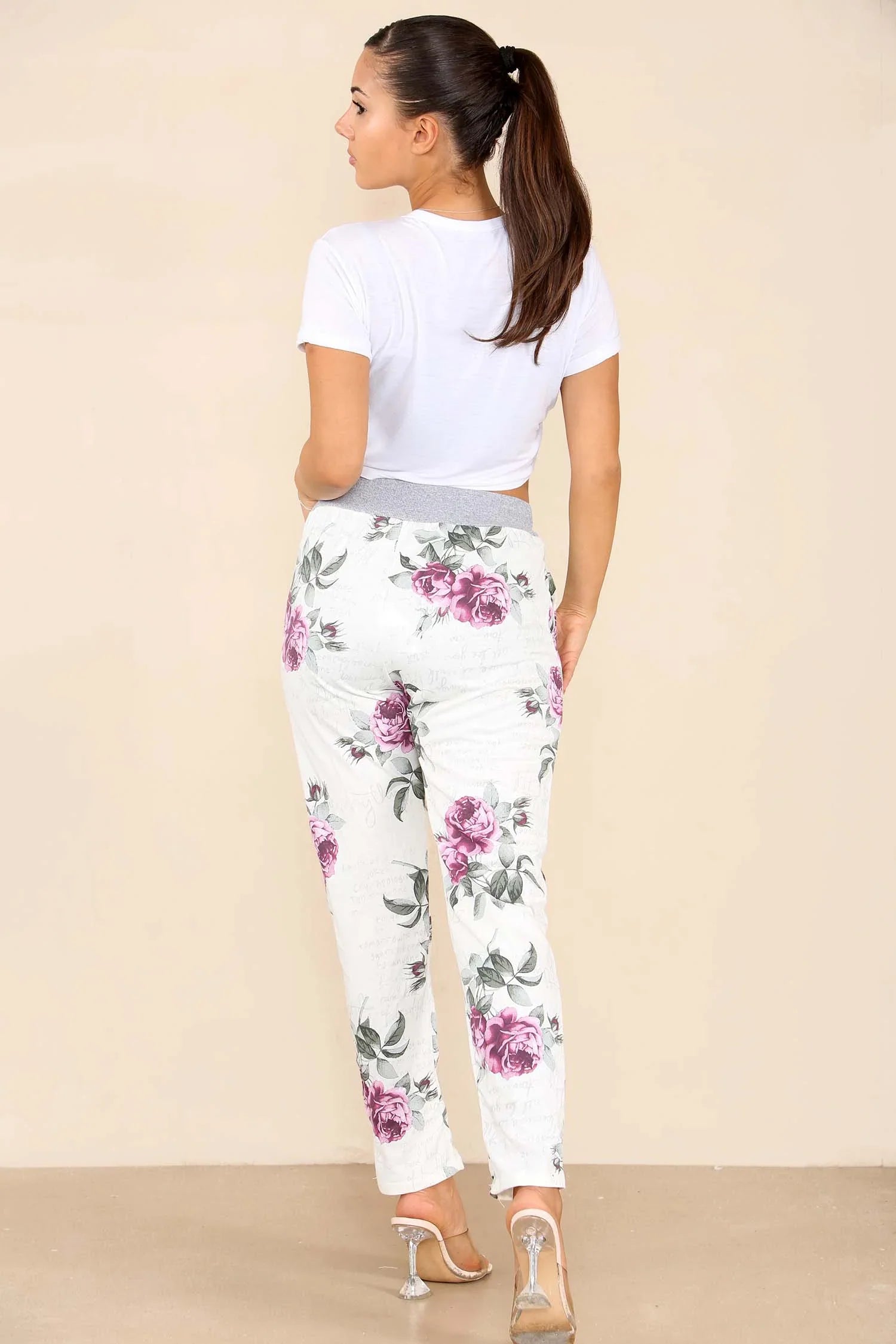 Blue Plus Size Italian Floral Print Drawstring Cotton Joggers - Pink & Blue For Women 22 - Dropwear
