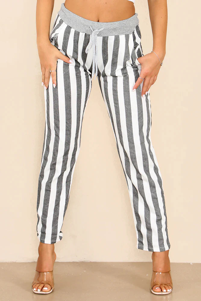 Black Plus Size Italian Striped Print Drawstring Cotton Joggers For Women 18 - Dropwear