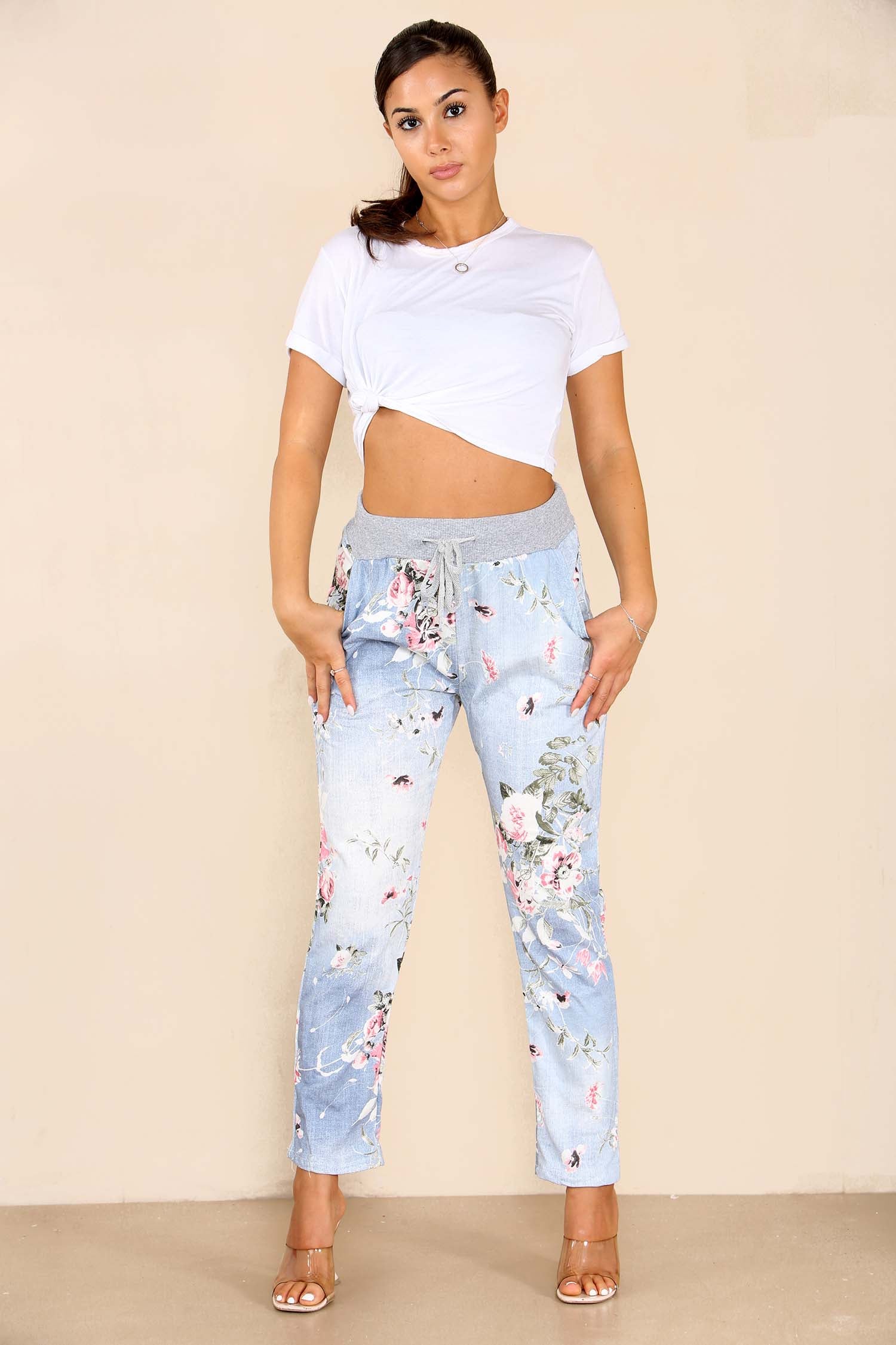 Baby Pink Plus Sise Italian Floral Print Drawstring Cotton Joggers For Women 20 - Dropwear