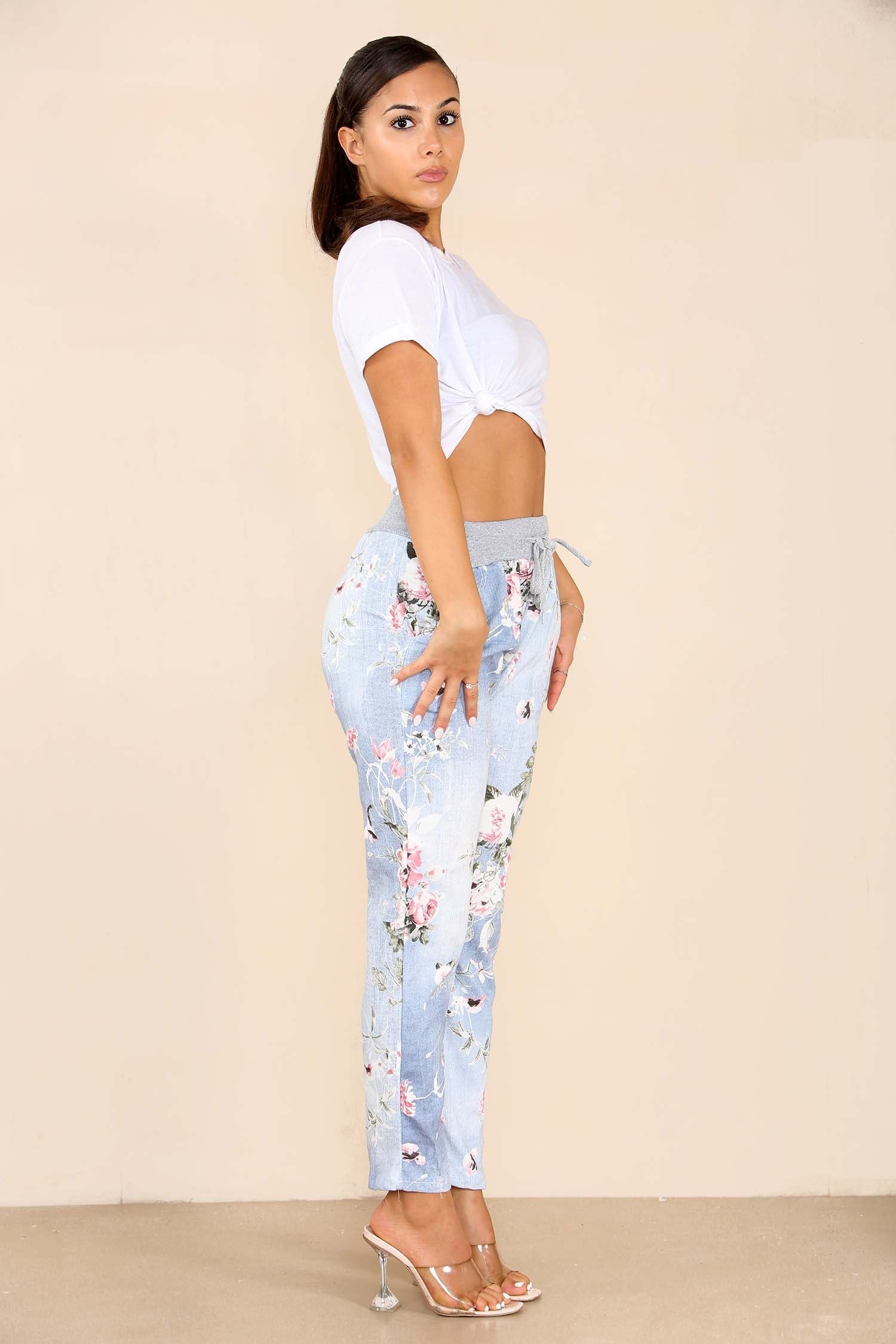 Baby Pink Plus Sise Italian Floral Print Drawstring Cotton Joggers For Women 22 - Dropwear