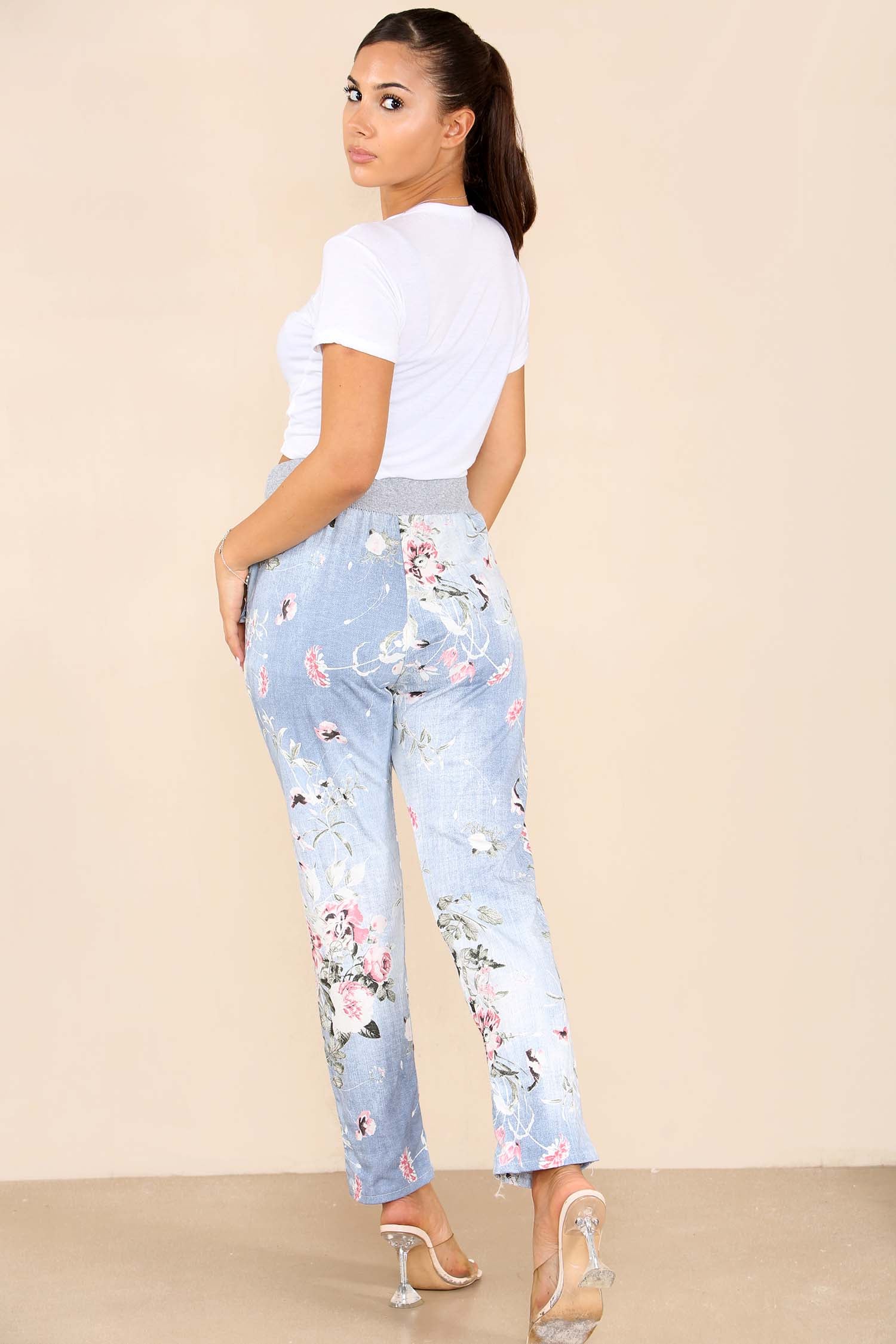 Light Blue Plus Sise Italian Floral Print Drawstring Cotton Joggers For Women 20 - Dropwear