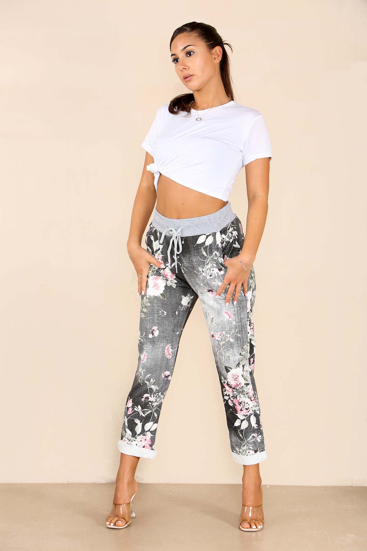 Baby Pink Plus Sise Italian Floral Print Drawstring Cotton Joggers For Women 16 - Dropwear