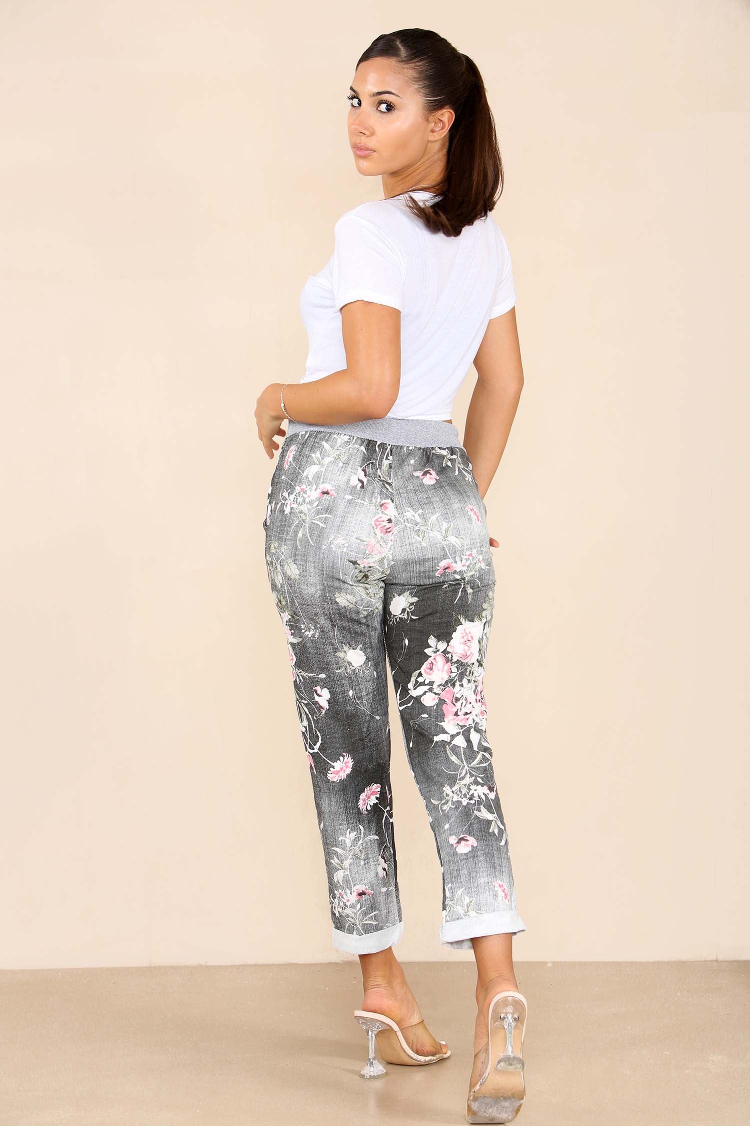 Light Blue Plus Sise Italian Floral Print Drawstring Cotton Joggers For Women 16 - Dropwear