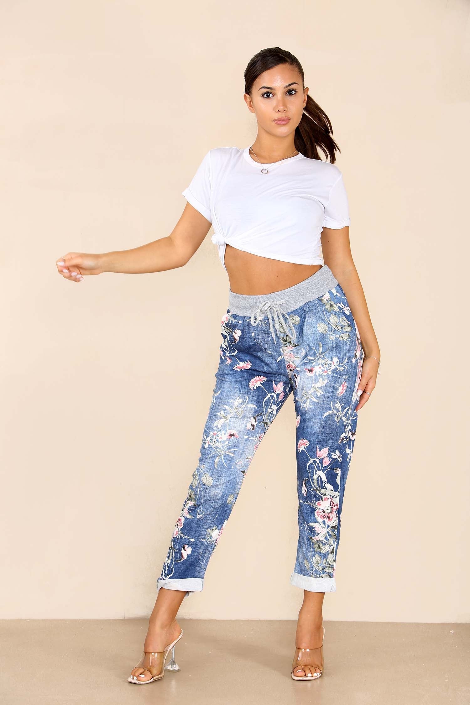 Light Blue Plus Sise Italian Floral Print Drawstring Cotton Joggers For Women 18 - Dropwear