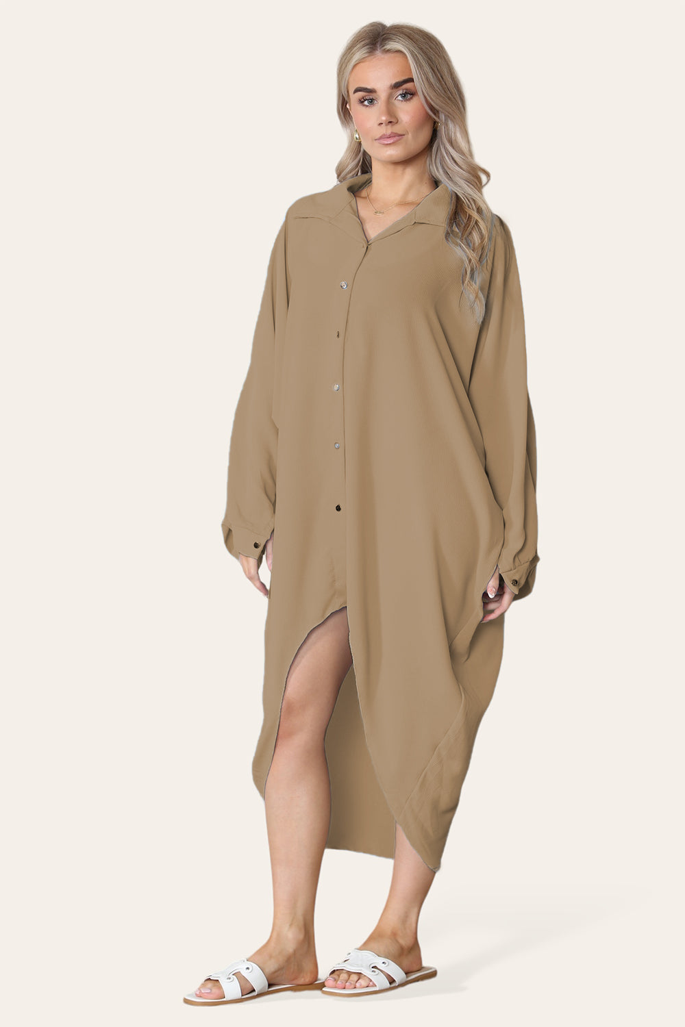 Mustard High-Low Oversized Button Long Top Shirt Dress with Hem andÂ LongÂ Sleeves For Women ONE SIZE UK FIT (14 TO 22) - Dropwear