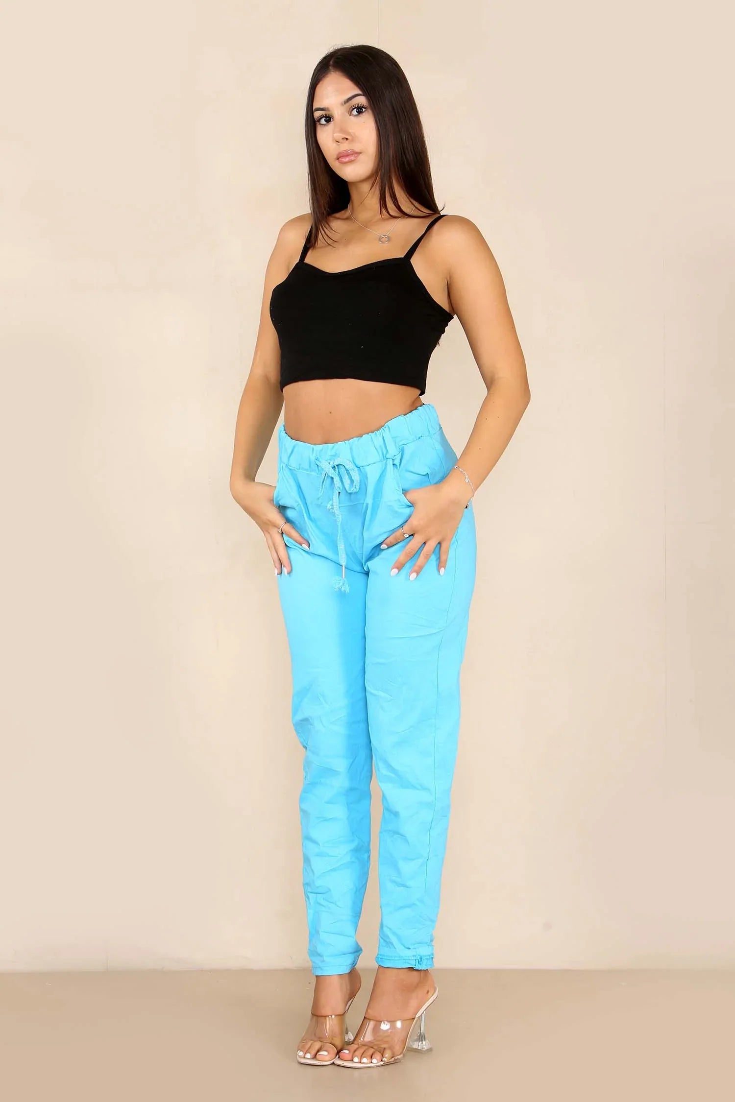 Sky Blue Italian Glitter Drawstring Waistband Magic Pants For Women 12 - Dropwear