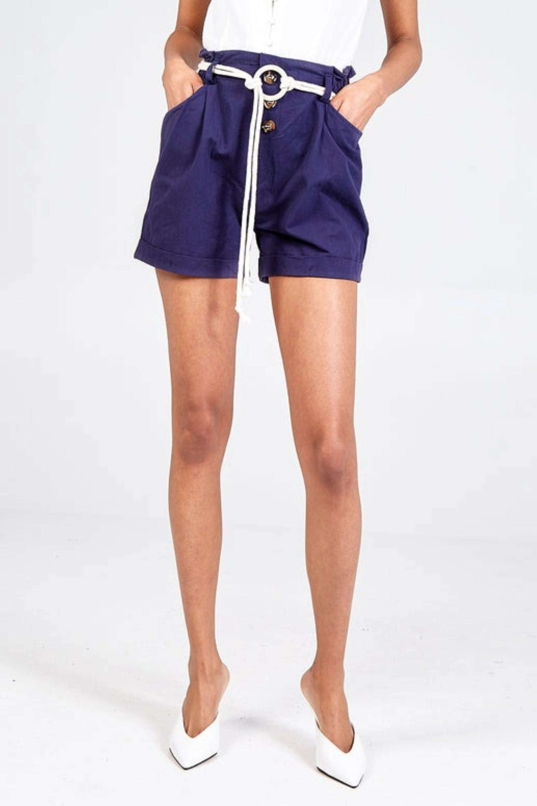 Navy Turnback Rope Detail Shorts For Women LARGE - Dropwear