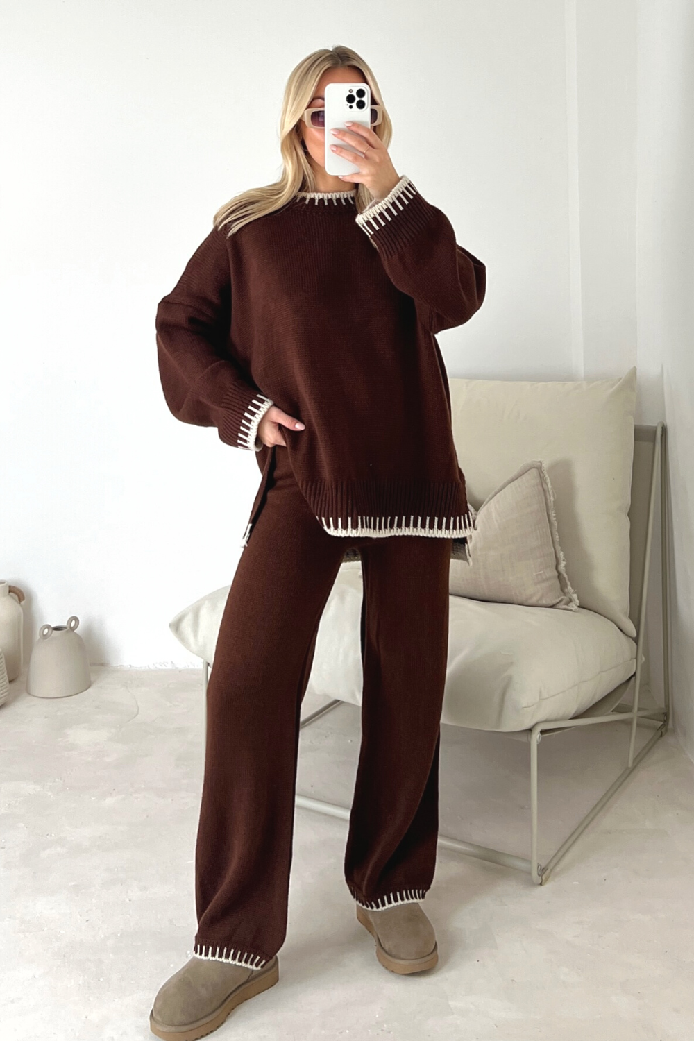 Cream Loungewear Wavy Edge Round Neck Pullover & Wide Leg Pants Co-ord For Women S - Dropwear
