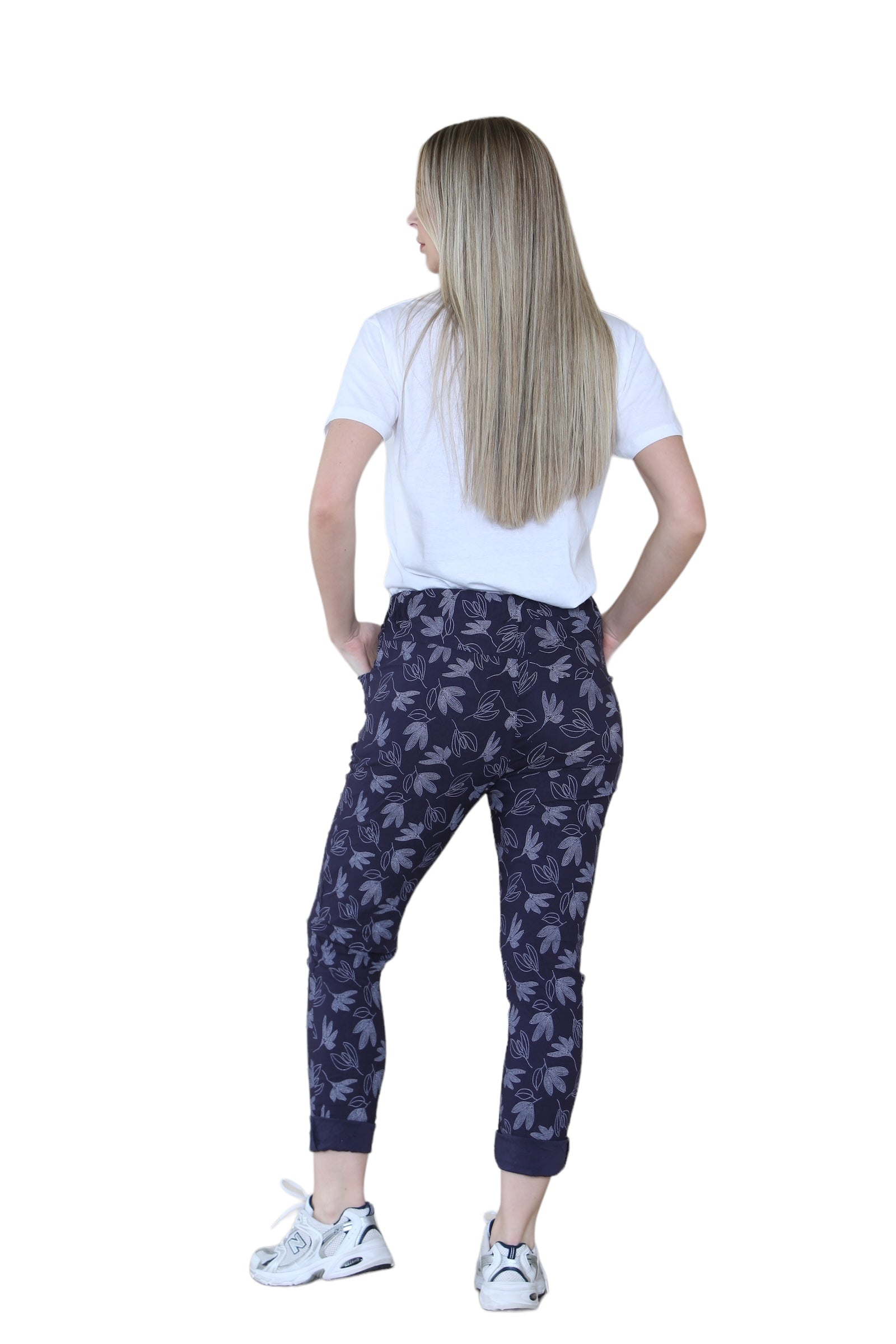 Navy Printed Magic Trousers 2 Side Pockets and Drawstring Stretchy Soft Casual Jogger Pants For Women 8 - Dropwear