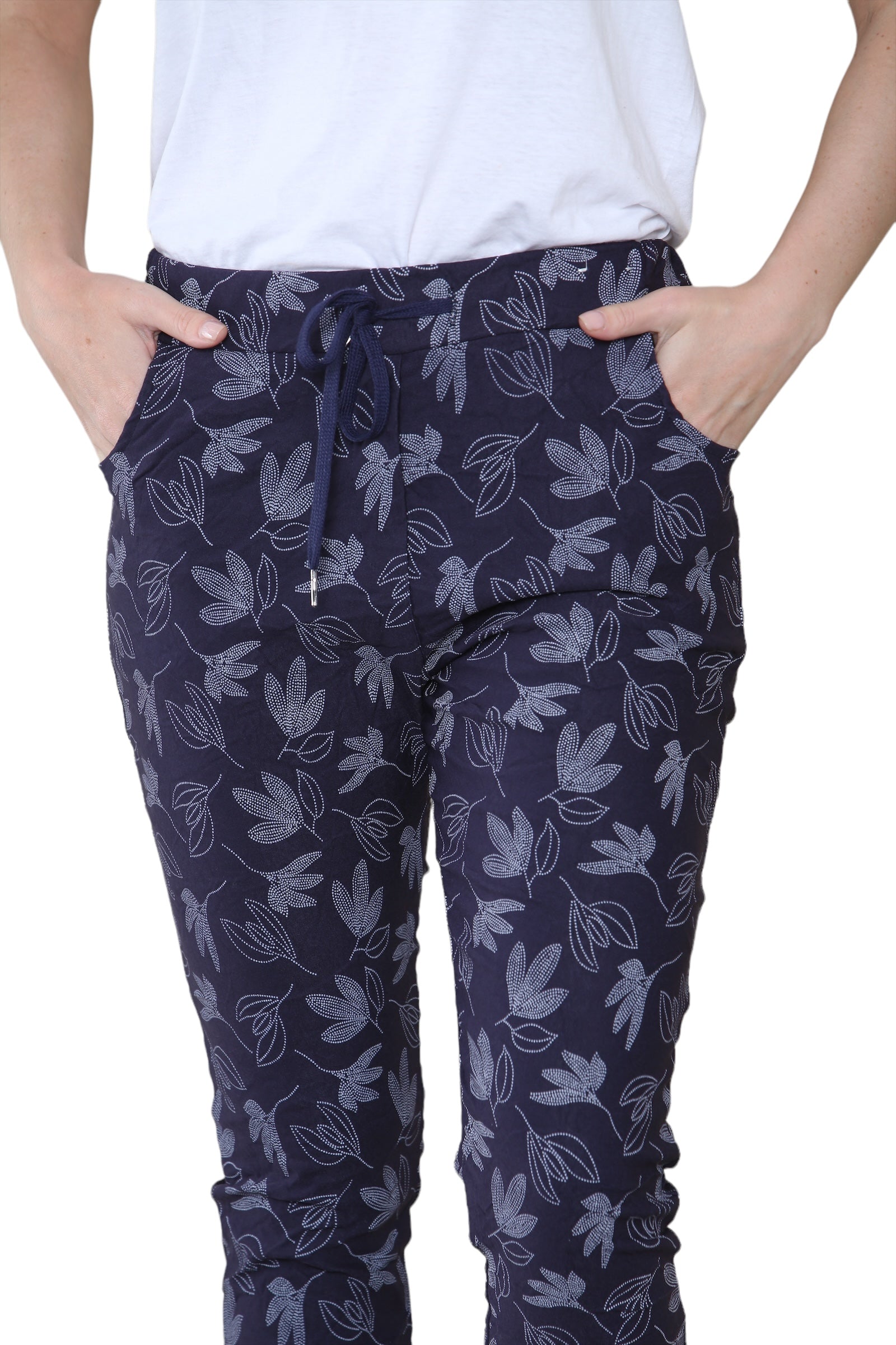 Navy Printed Magic Trousers 2 Side Pockets and Drawstring Stretchy Soft Casual Jogger Pants For Women 16 - Dropwear