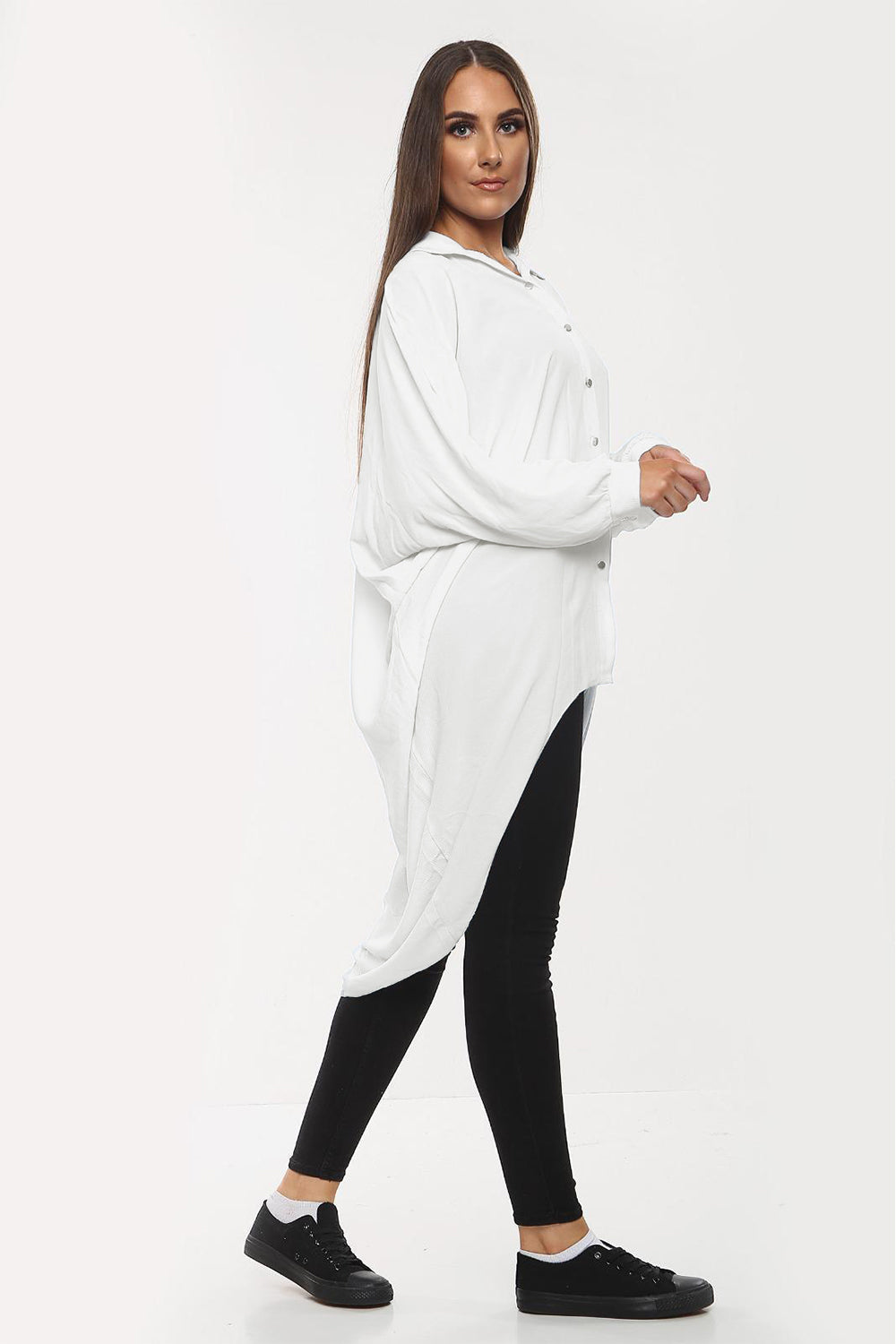 High-Low Oversized Button Long Top Shirt Dress with Hem andÂ LongÂ Sleeves For Women  - Dropwear