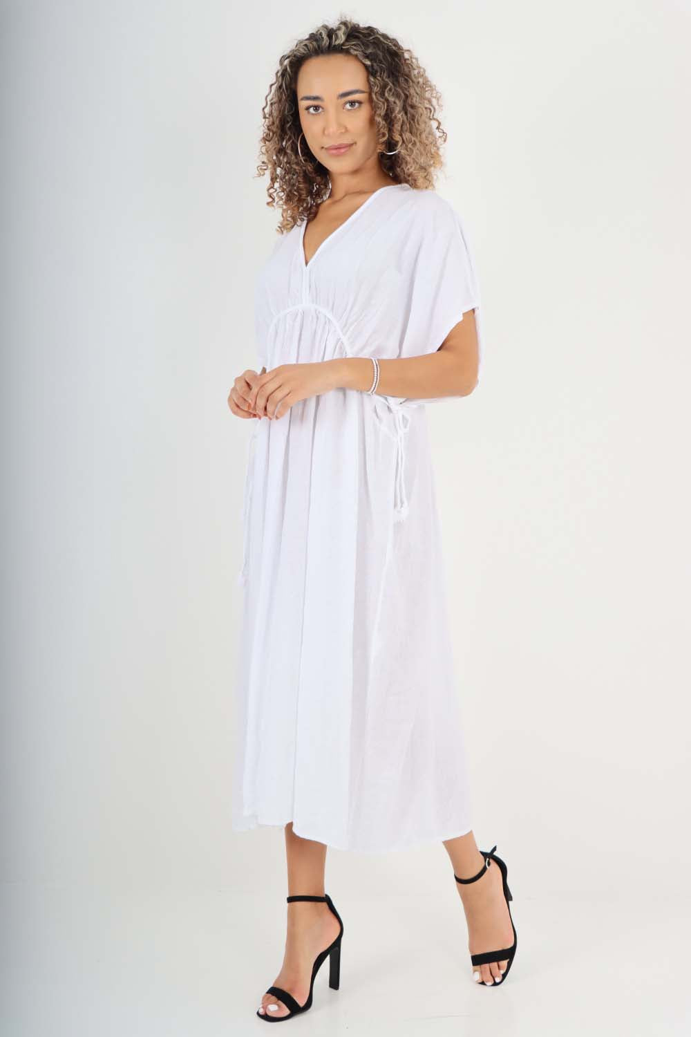 Italian Drawestring Front Flared Linen Dress For Women  - Dropwear