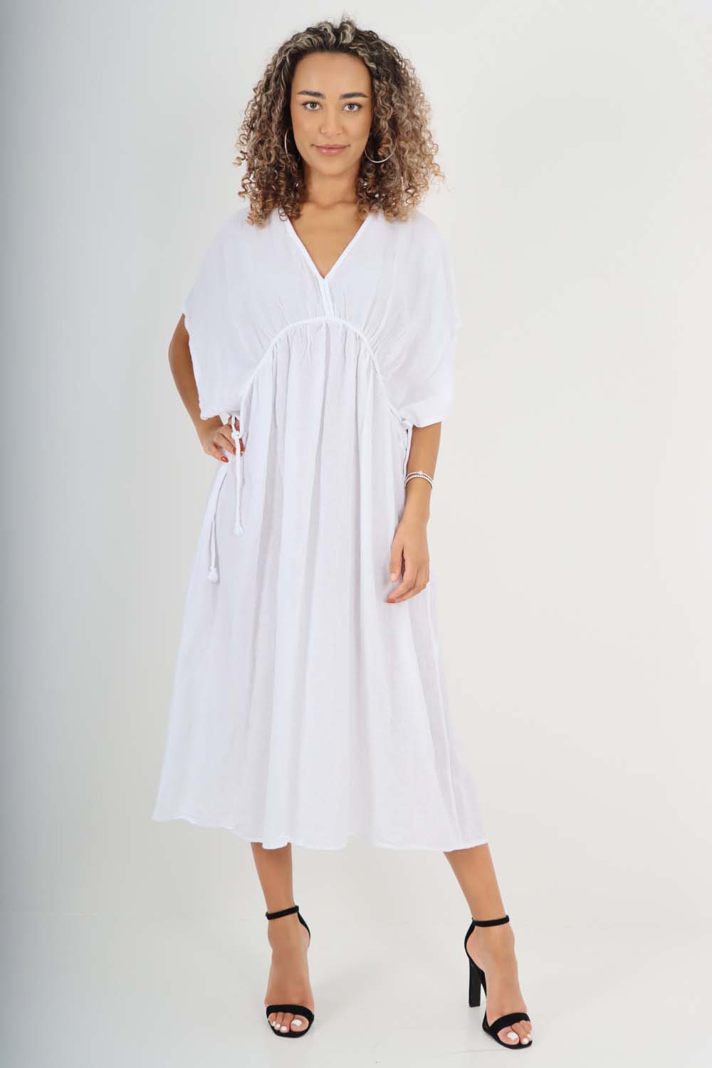 Italian Drawestring Front Flared Linen Dress For Women  - Dropwear