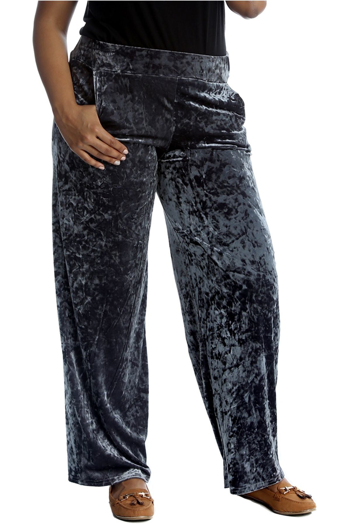 Grey Velour Velvet Wide Flared Leg Pocket Palazzo For Women 12-14 - Dropwear