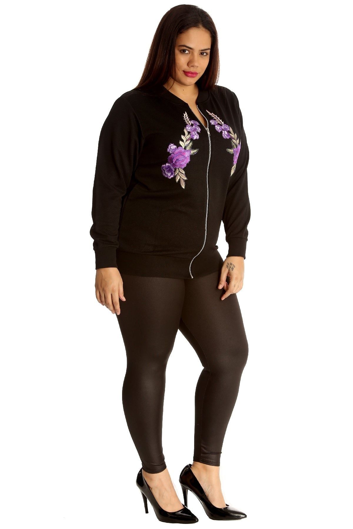 Black Purple Floral Embroidered Quilted Bomber Jacket For Women 18 - Dropwear