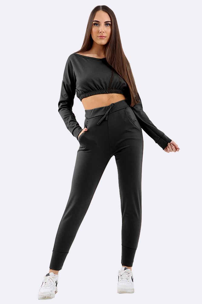 Black Co-Ord 2 Piece Loungewear Suit Set For Women 16-18 - Dropwear