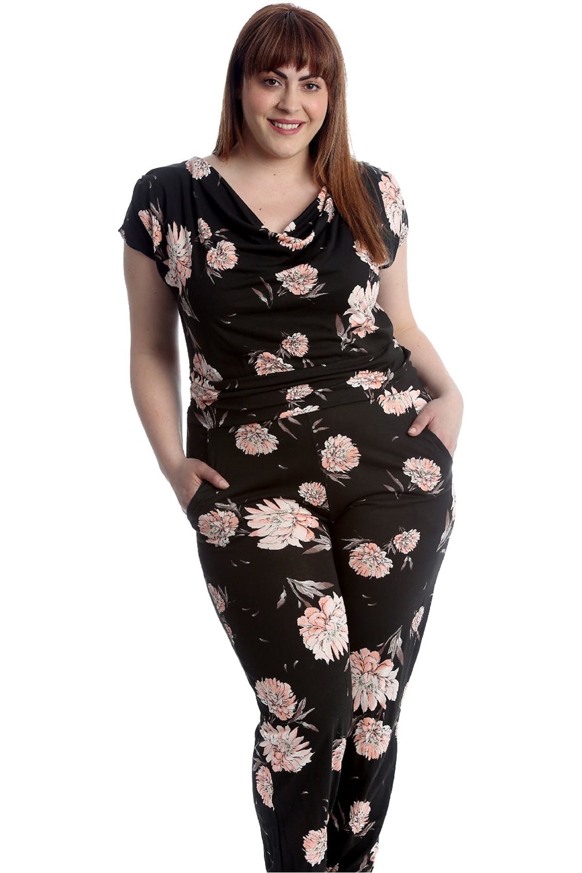 Black Plus Size Short Sleeve Tied Belted Floral Print Cowl Neck Jumpsuit For Women 14 - Dropwear